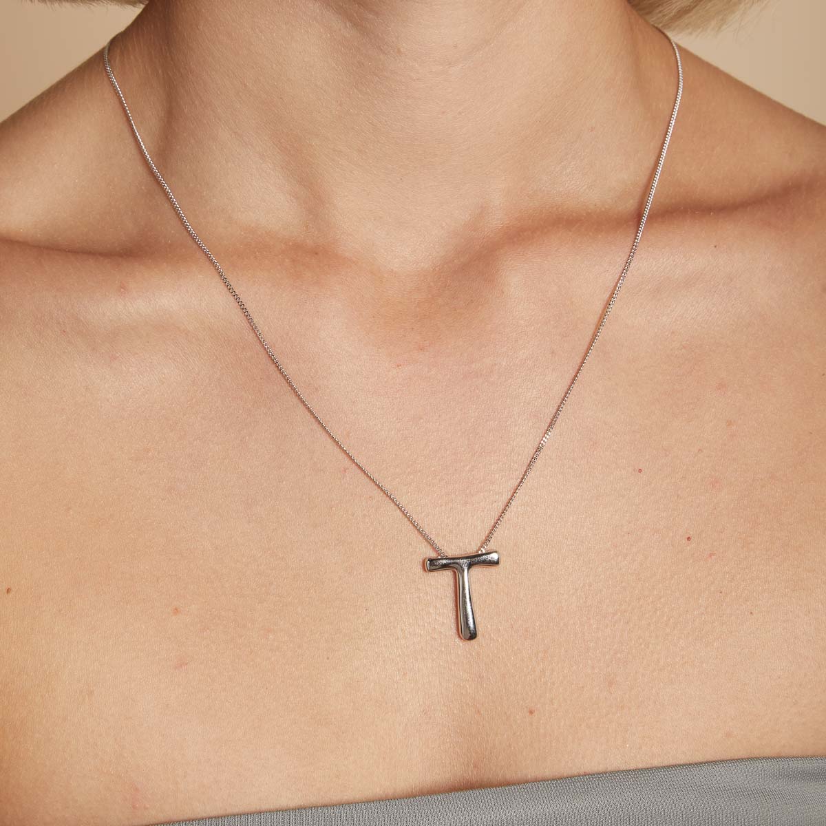 T Initial Bold Pendant Necklace in Silver