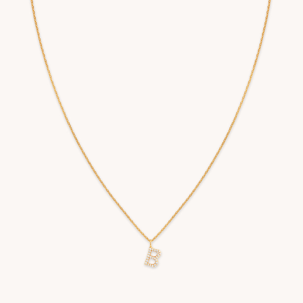B Initial Pavé Pendant Necklace in Gold
