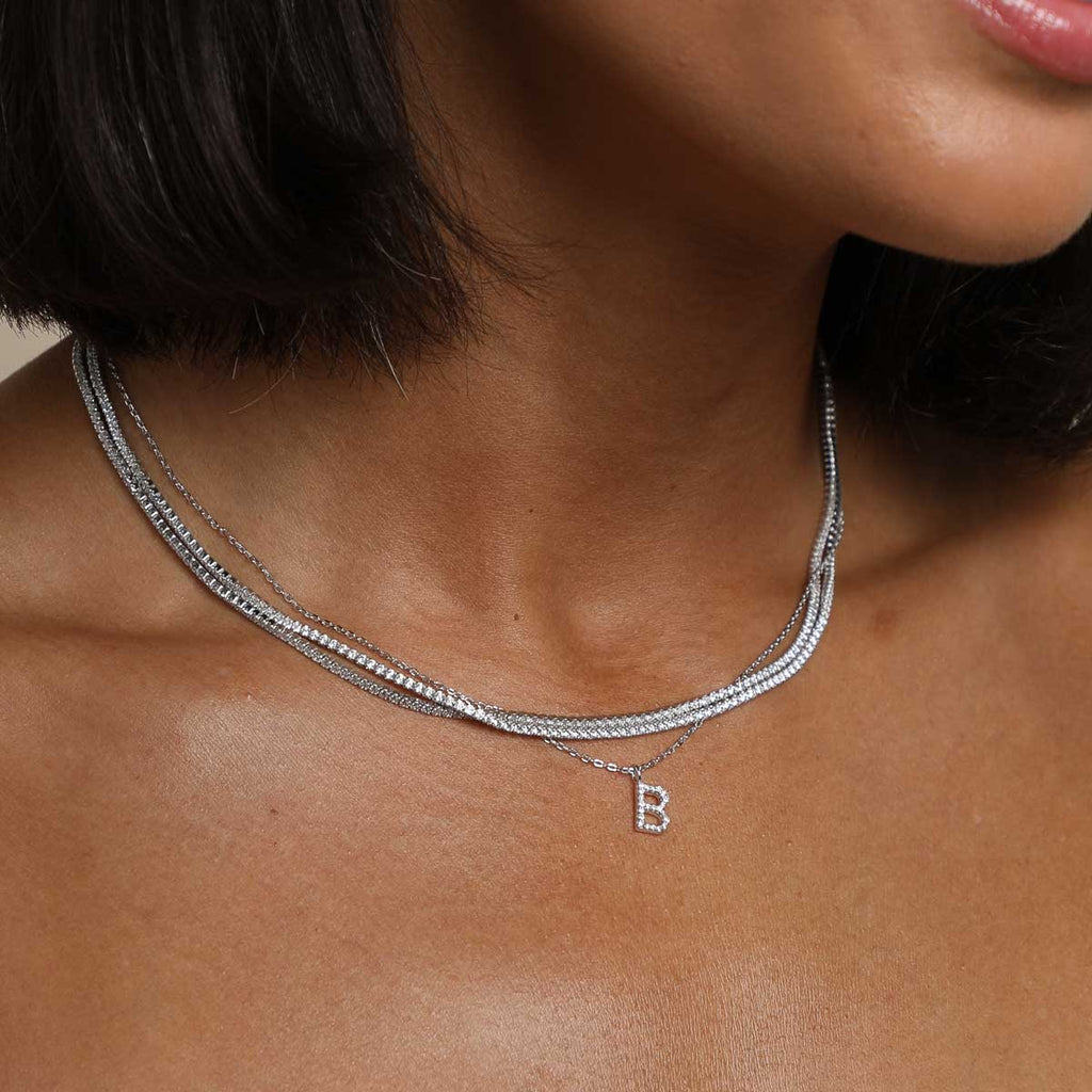 B Initial Pavé Pendant Necklace in Silver