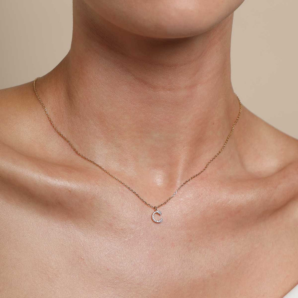C Initial Pavé Pendant Necklace in Gold