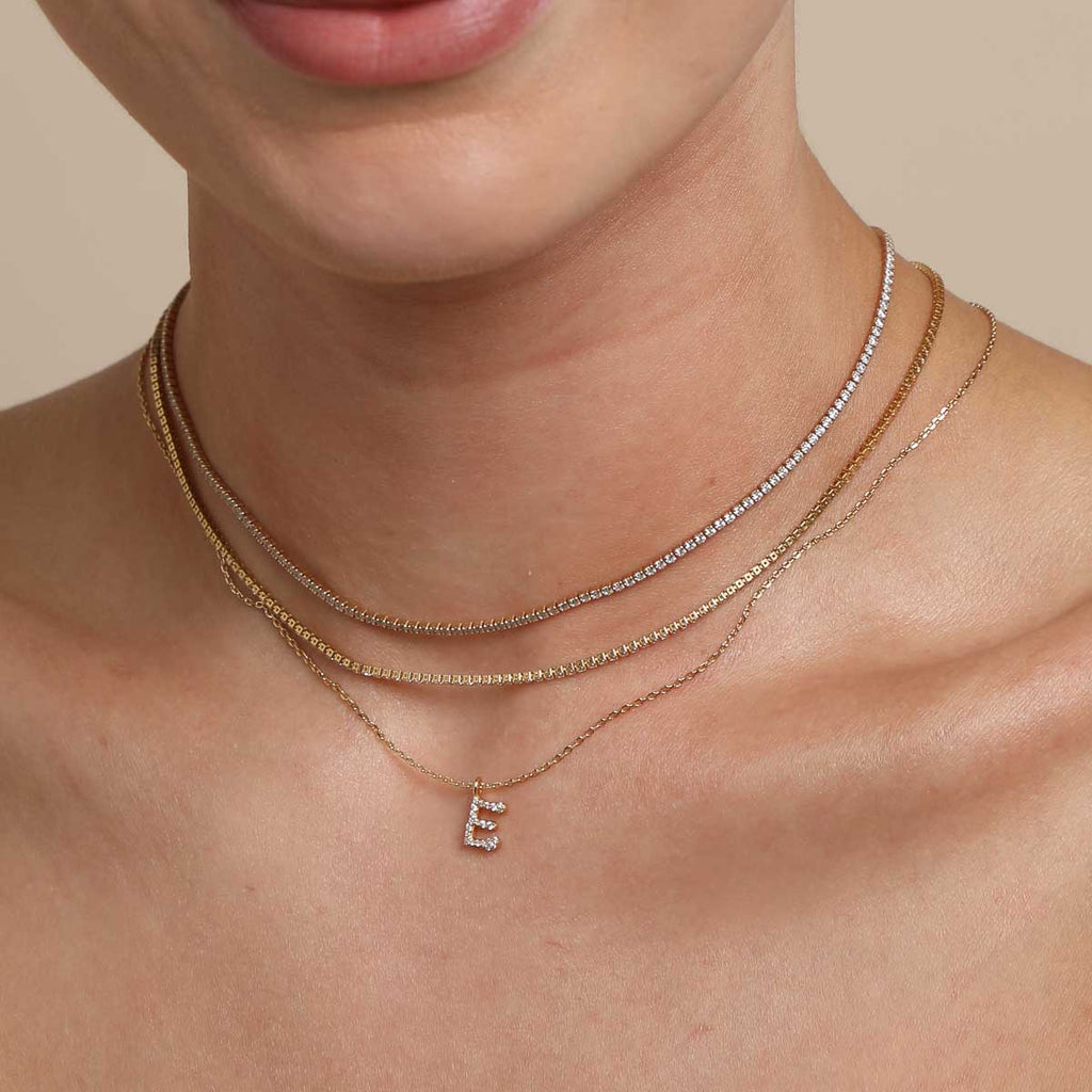 E Initial Pavé Pendant Necklace in Gold