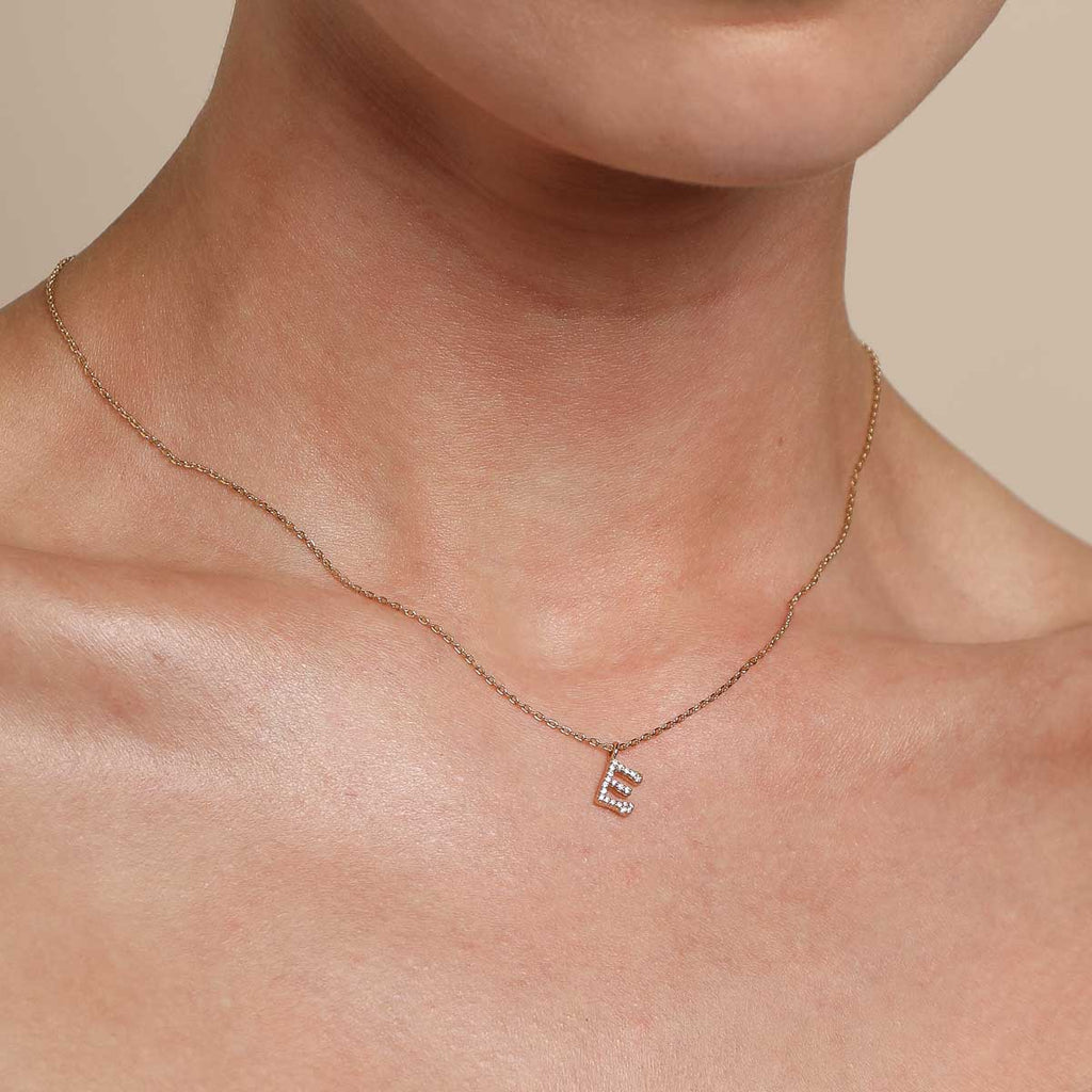 E Initial Pavé Pendant Necklace in Gold