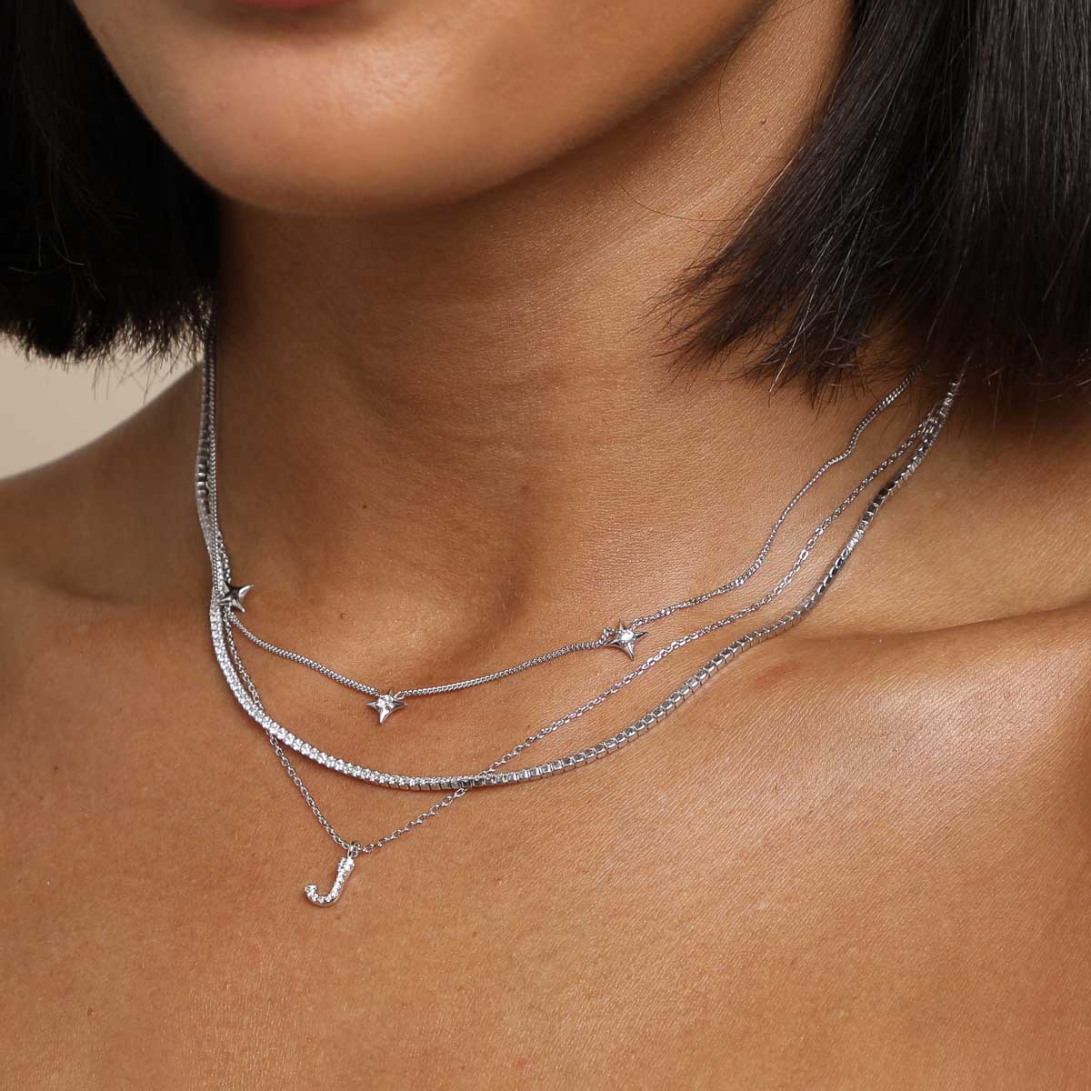 J Initial Pavé Pendant Necklace in Silver