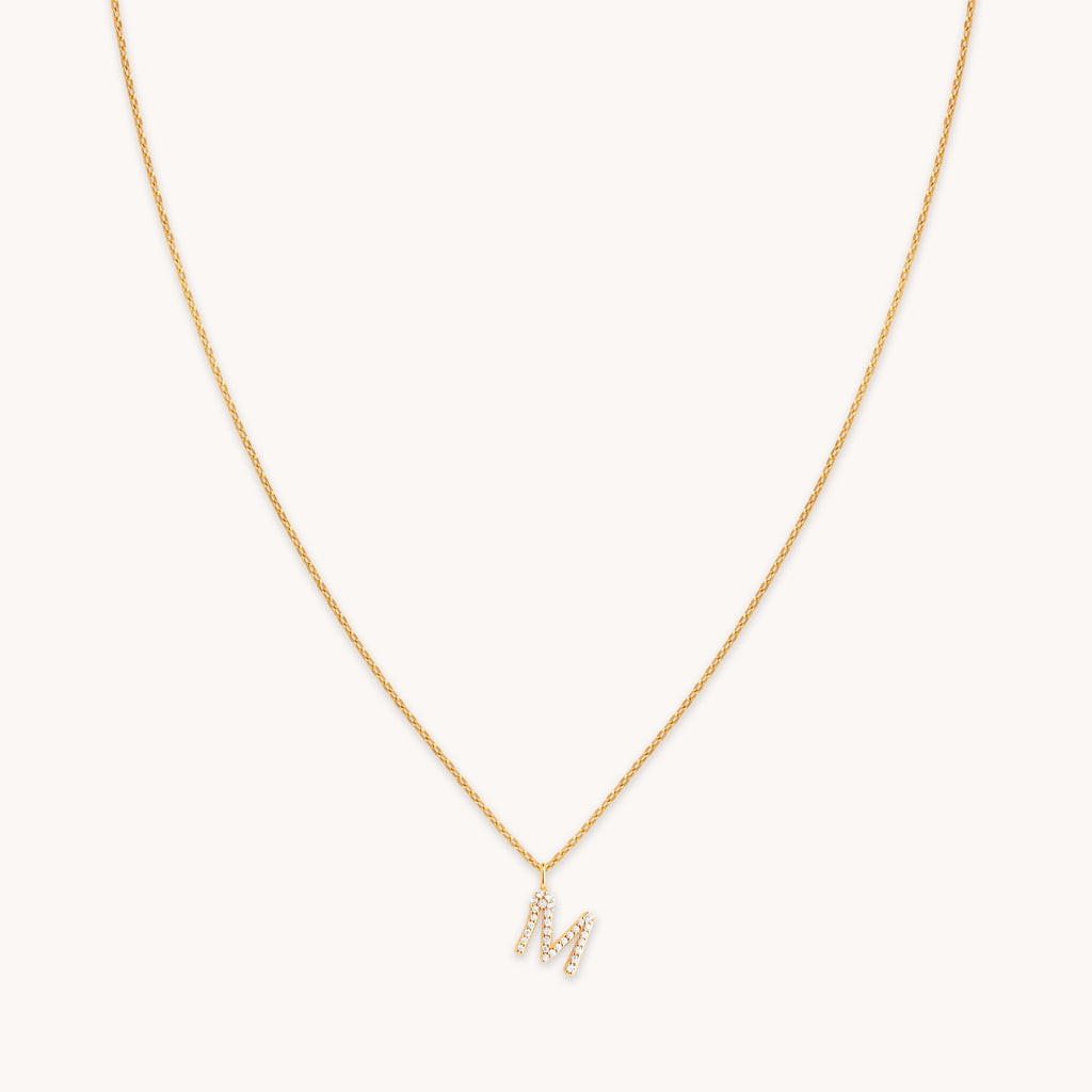 M Initial Pavé Pendant Necklace in Gold