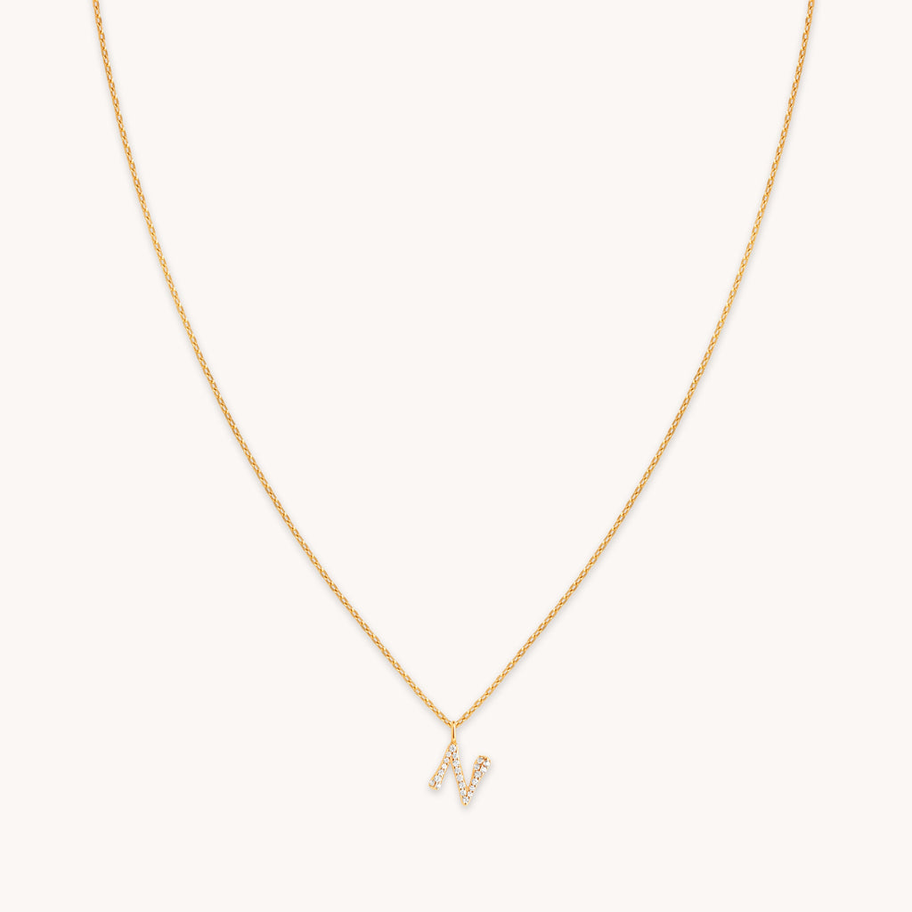 N Initial Pavé Pendant Necklace in Gold