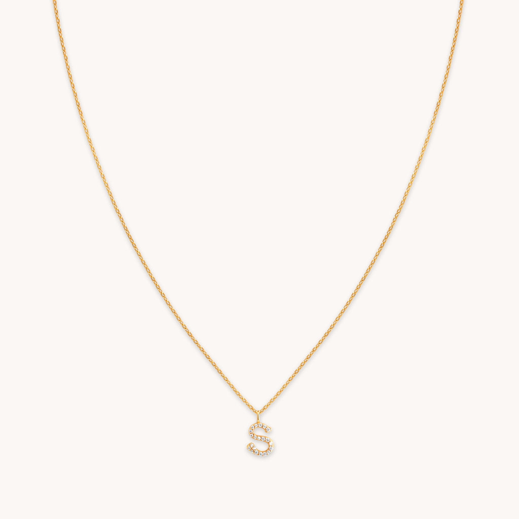 S Initial Pavé Pendant Necklace in Gold