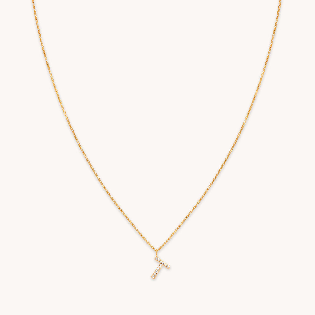 T Initial Pavé Pendant Necklace in Gold