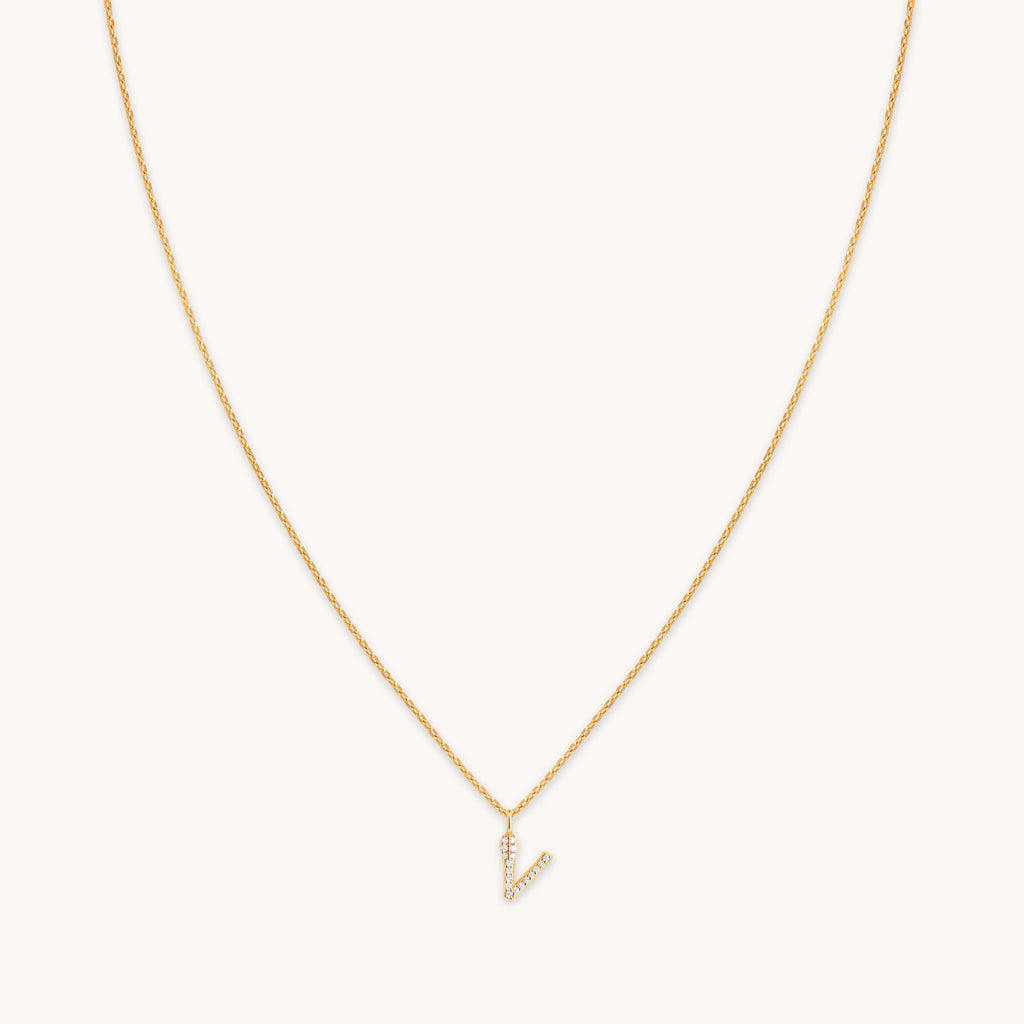 V Initial Pavé Pendant Necklace in Gold
