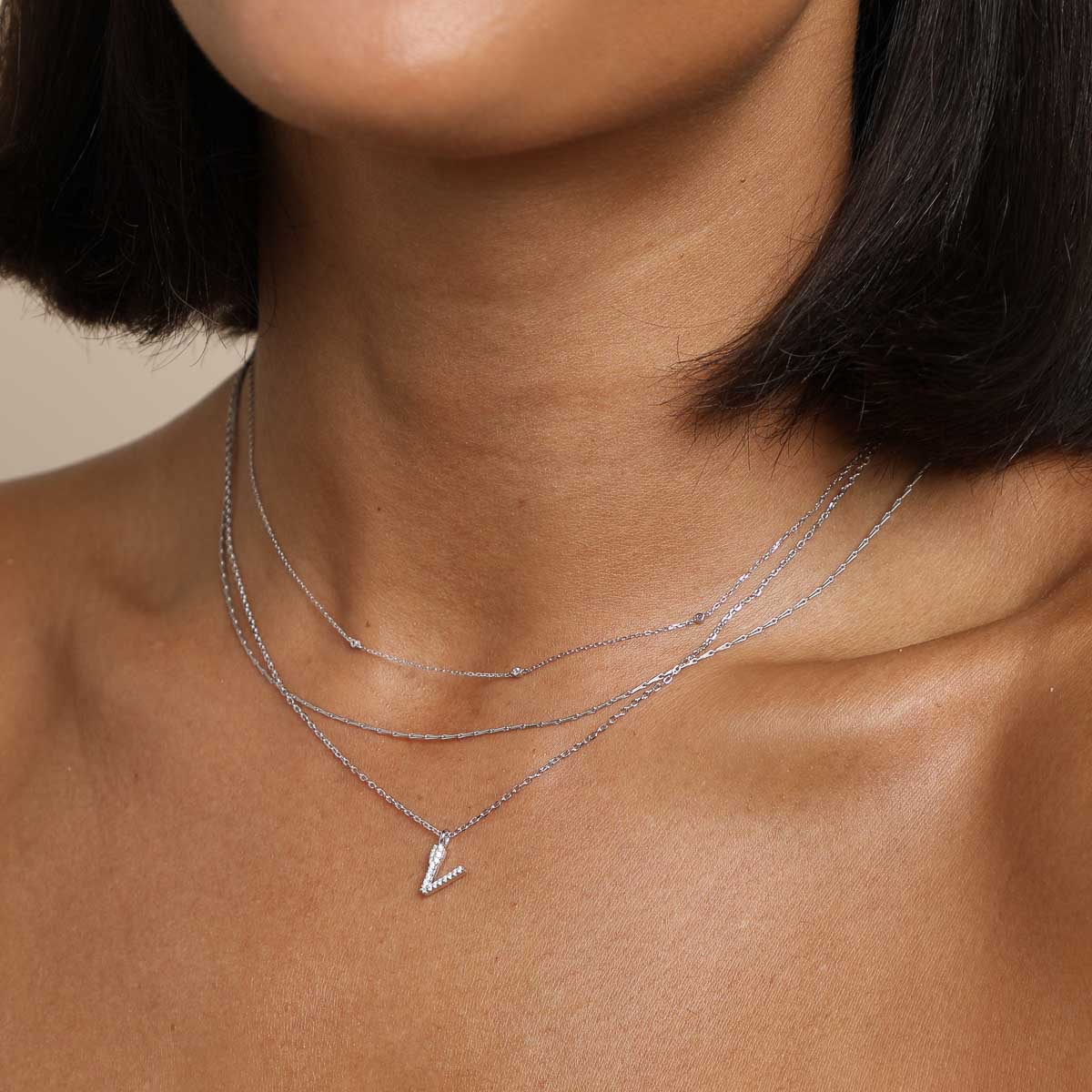 V Initial Pavé Pendant Necklace in Silver