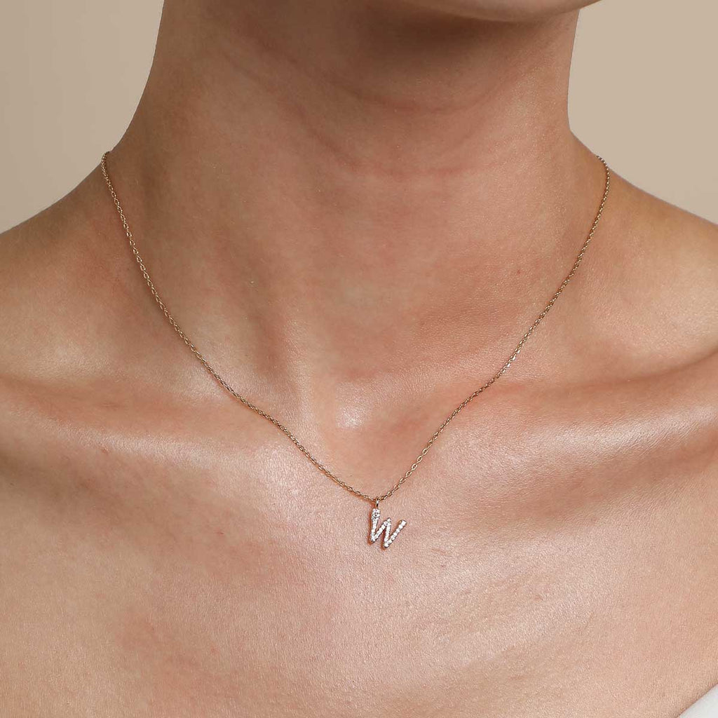 W Initial Pavé Pendant Necklace in Gold