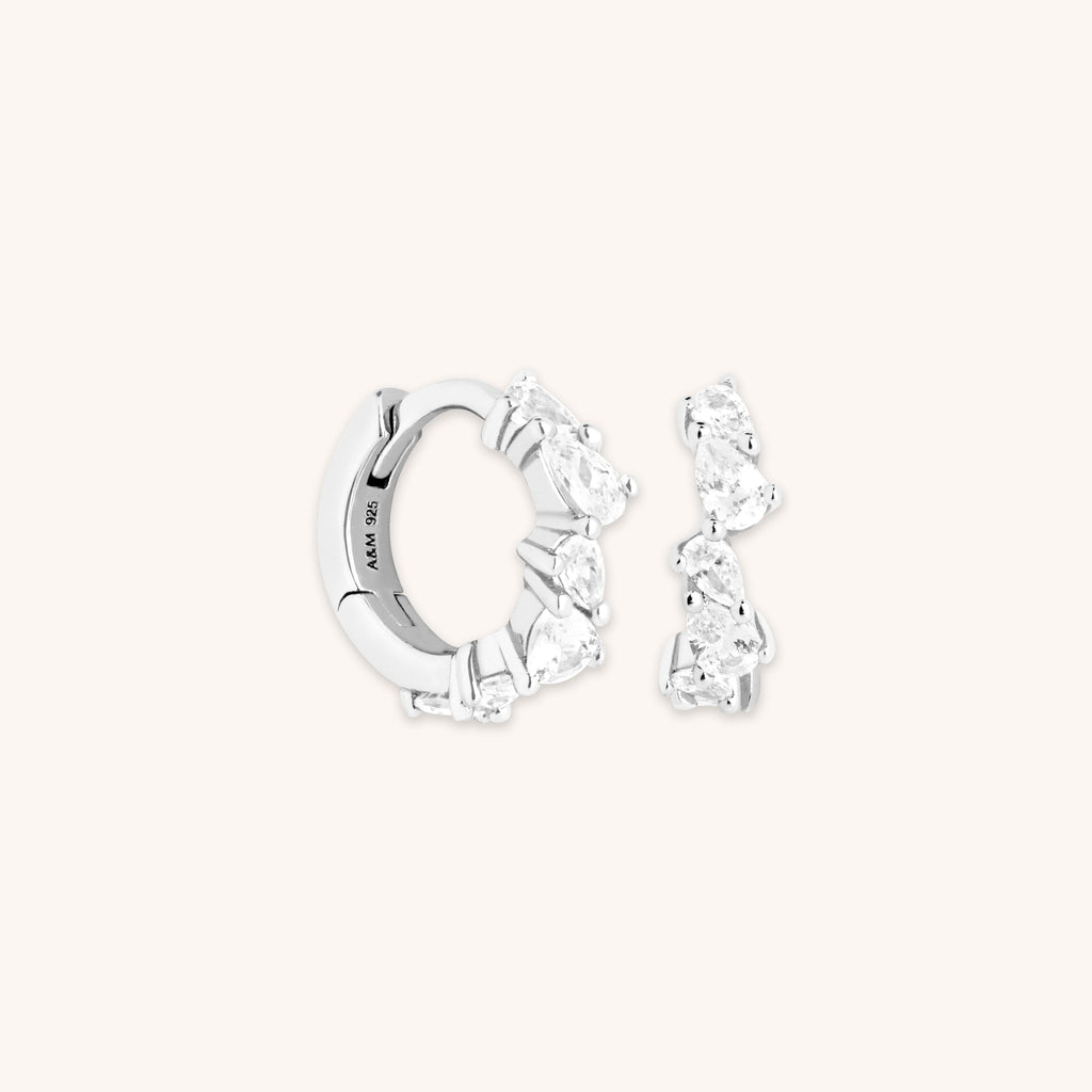 Crystal Pear Huggies in Silver