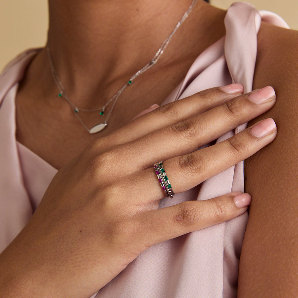 Emerald Baguette Band Ring in Solid White Gold
