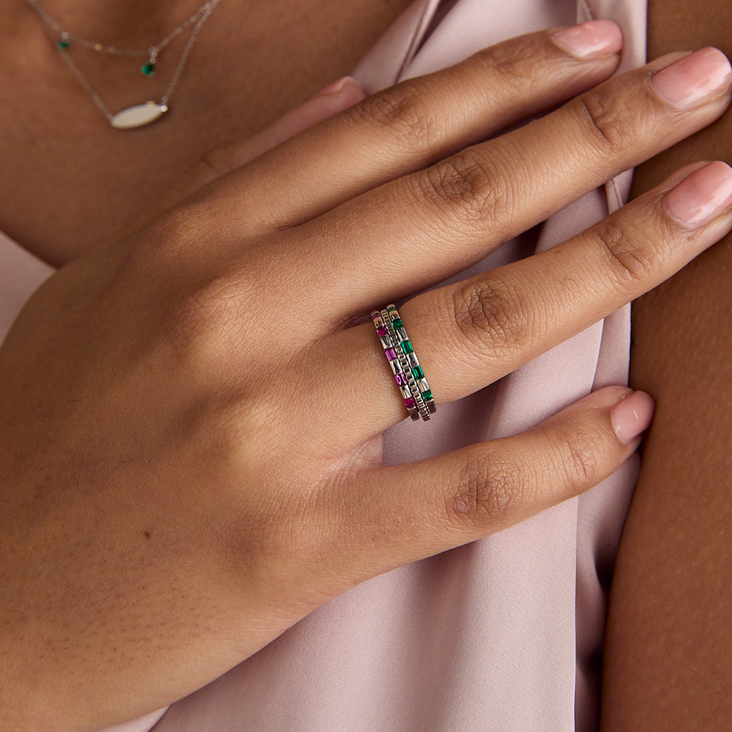 Pink Sapphire Baguette Band Ring in Solid White Gold