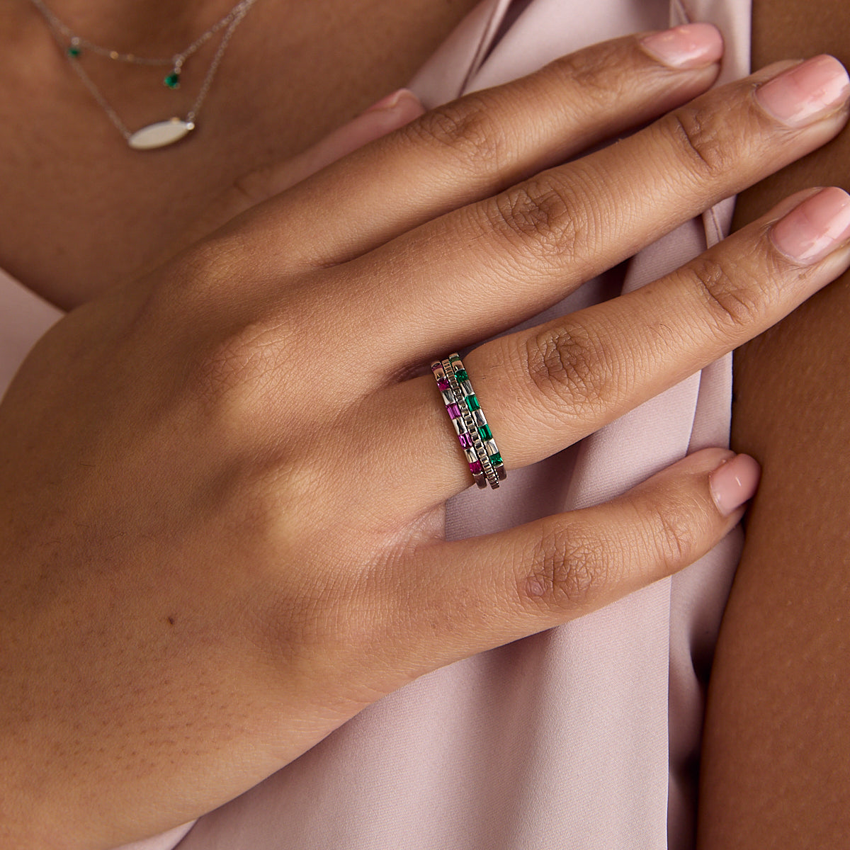 Pink Sapphire Baguette Band Ring in Solid White Gold