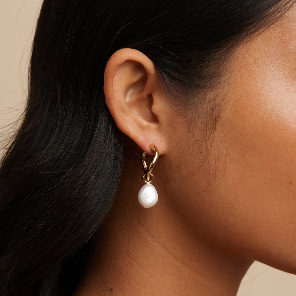 Serenity Pearl Charm Hoops in Gold