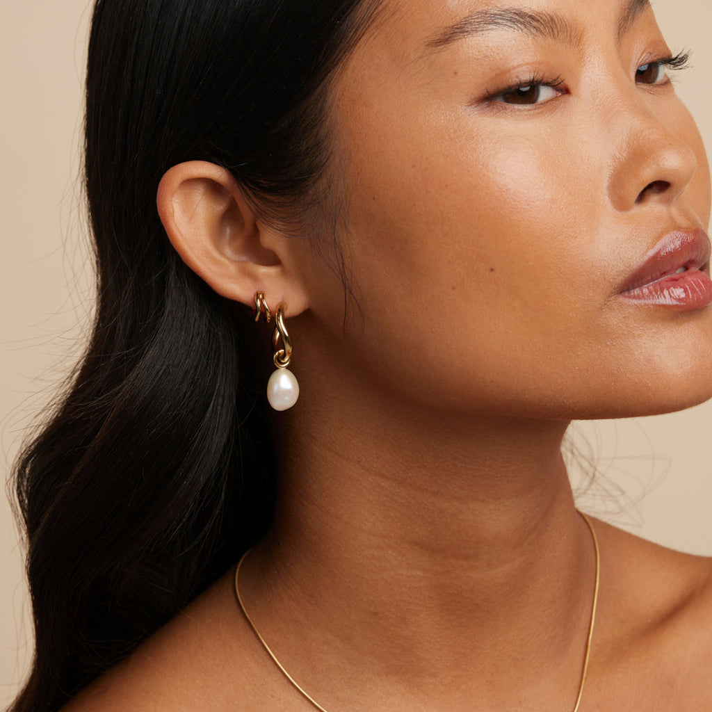 Serenity Pearl Charm Hoops in Gold