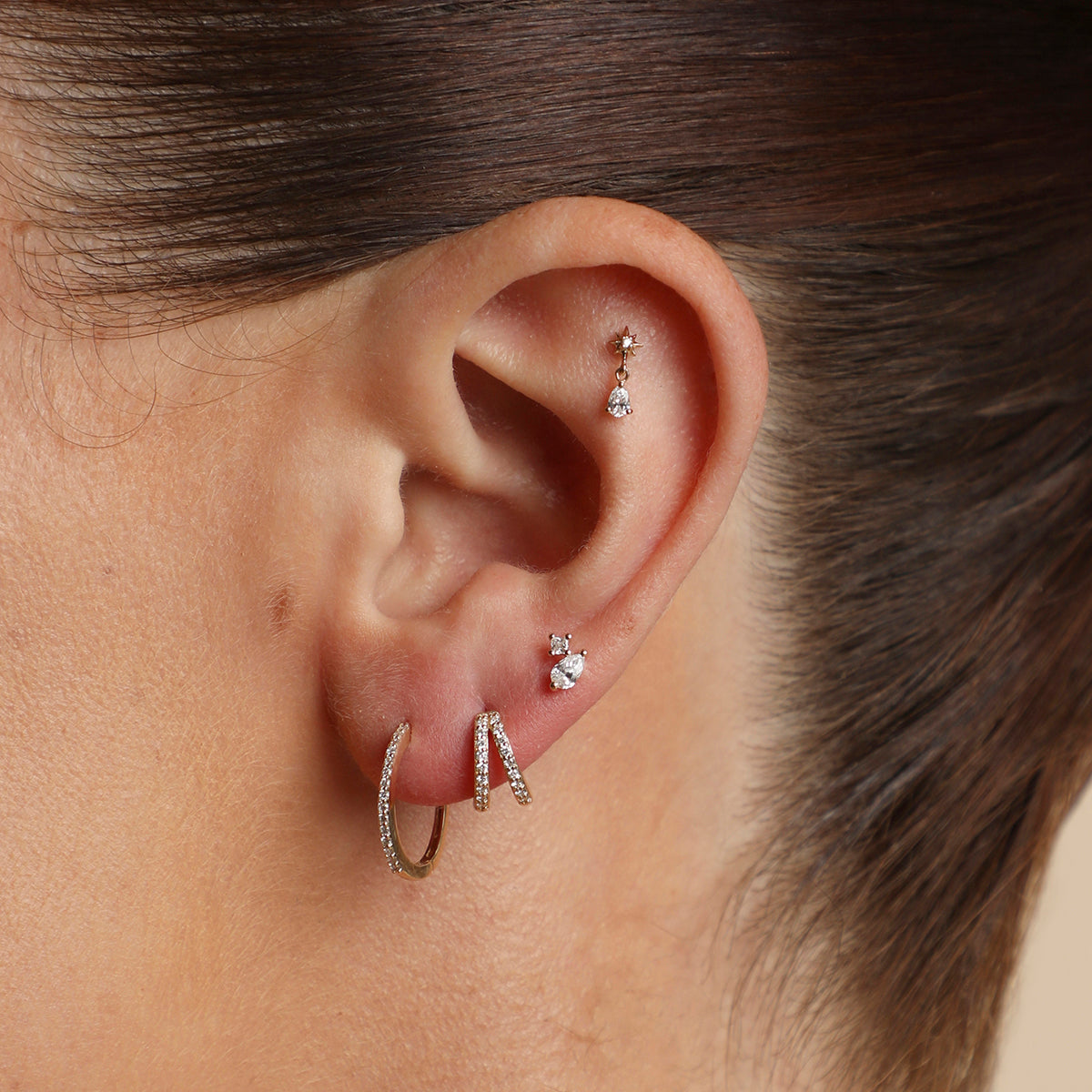 Diamond Double Gem Piercing Stud in Solid Gold