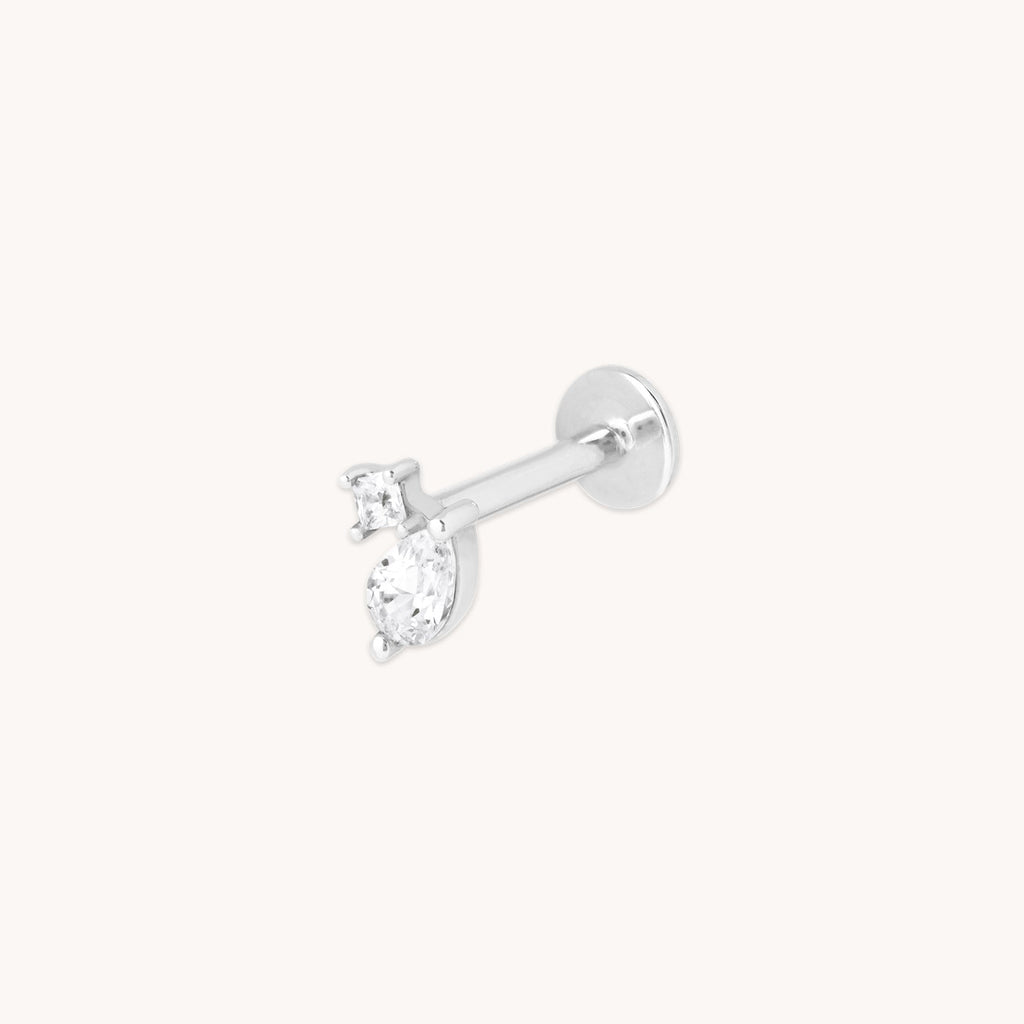 Diamond Double Gem Piercing Stud in Solid White Gold