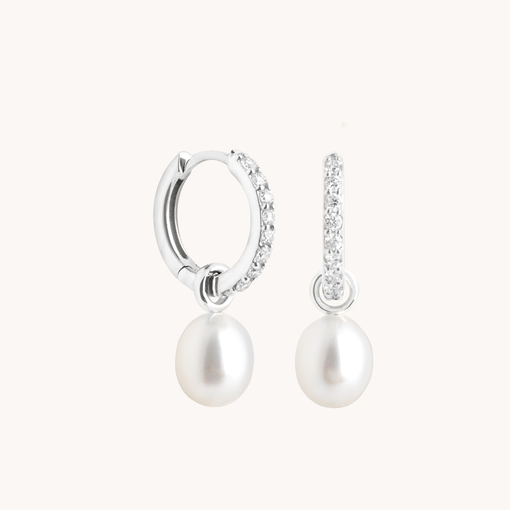 Diamond & Pearl Charm Huggies in Solid White Gold