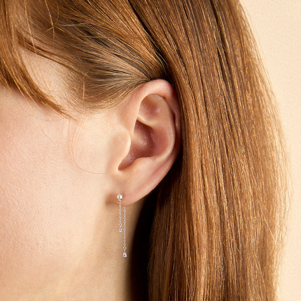 Diamond & Pearl Chain Studs in Solid White Gold