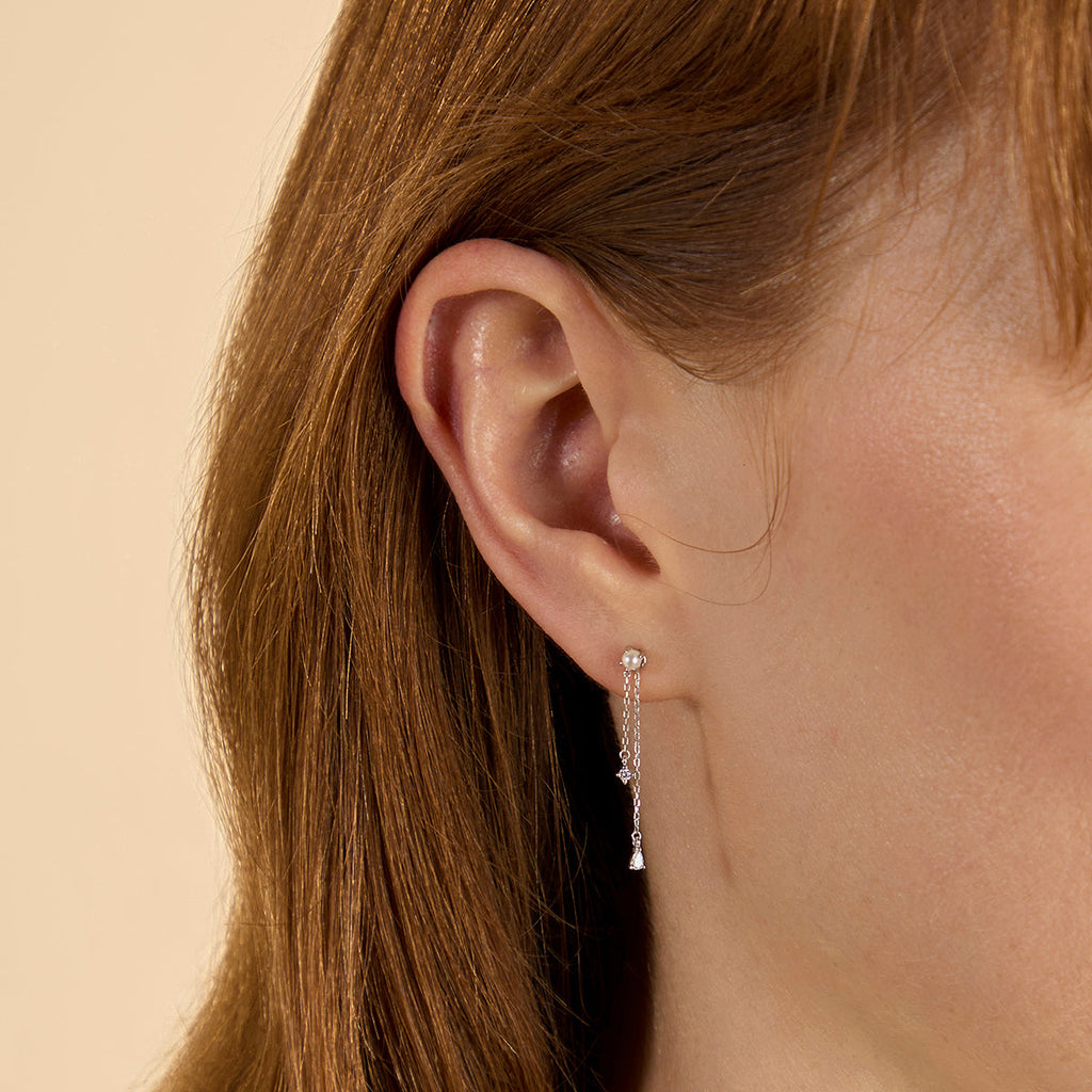 Diamond & Pearl Chain Studs in Solid White Gold