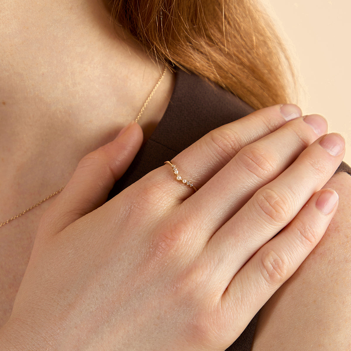 Diamond & Pearl Band Ring in Solid Gold