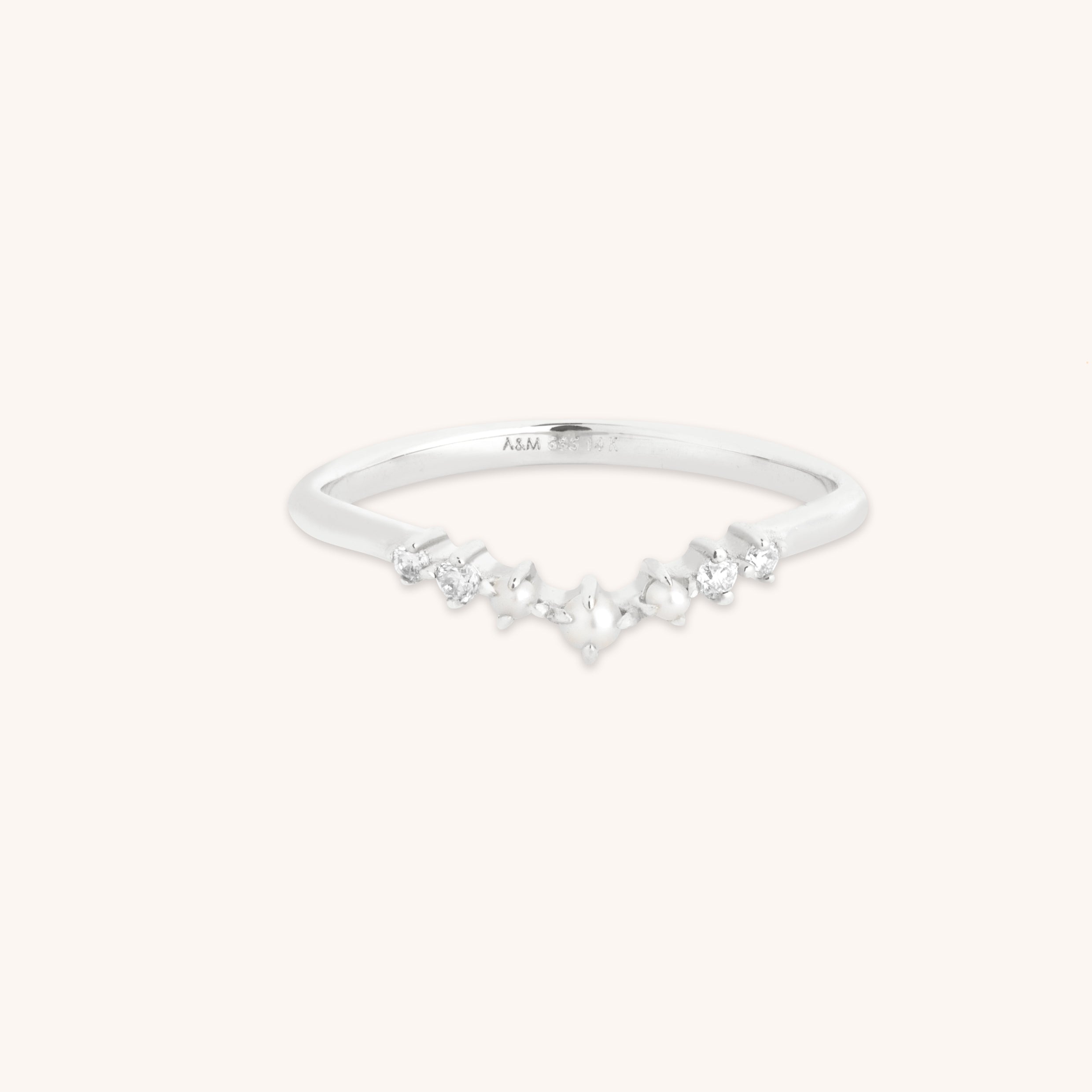Diamond & Pearl Band Ring in Solid White Gold