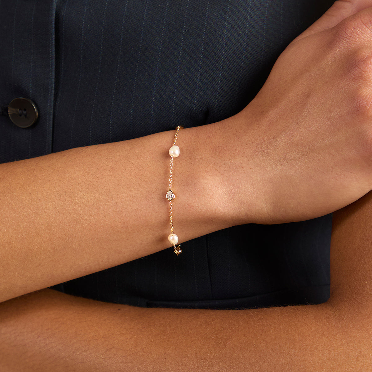Pearl & Crystal Charm Bracelet in Gold