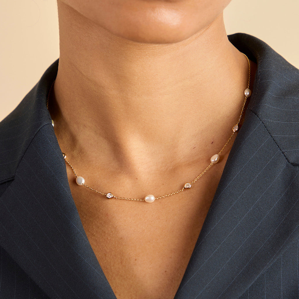 Pearl & Crystal Charm Necklace in Gold