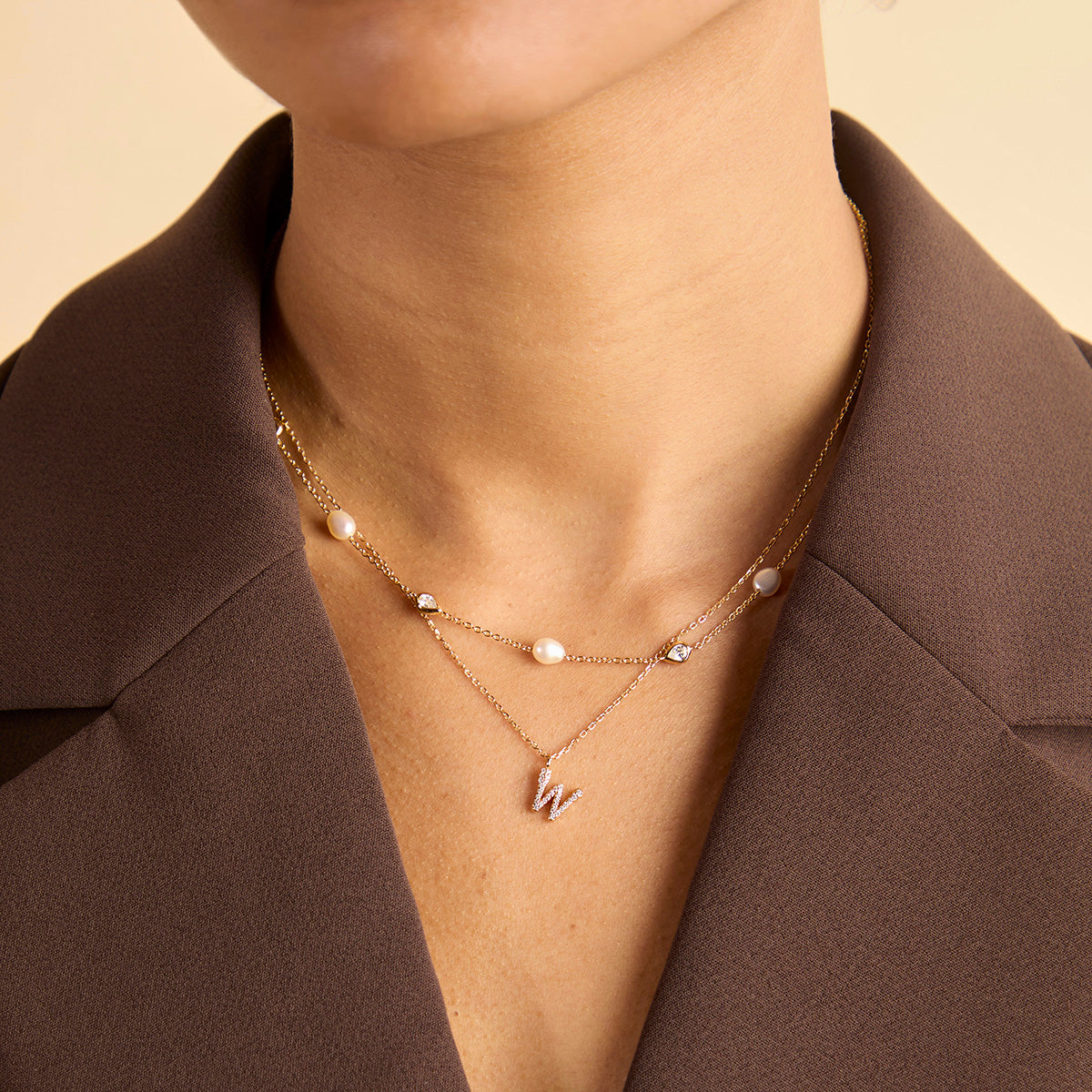 Pearl & Crystal Charm Necklace in Gold