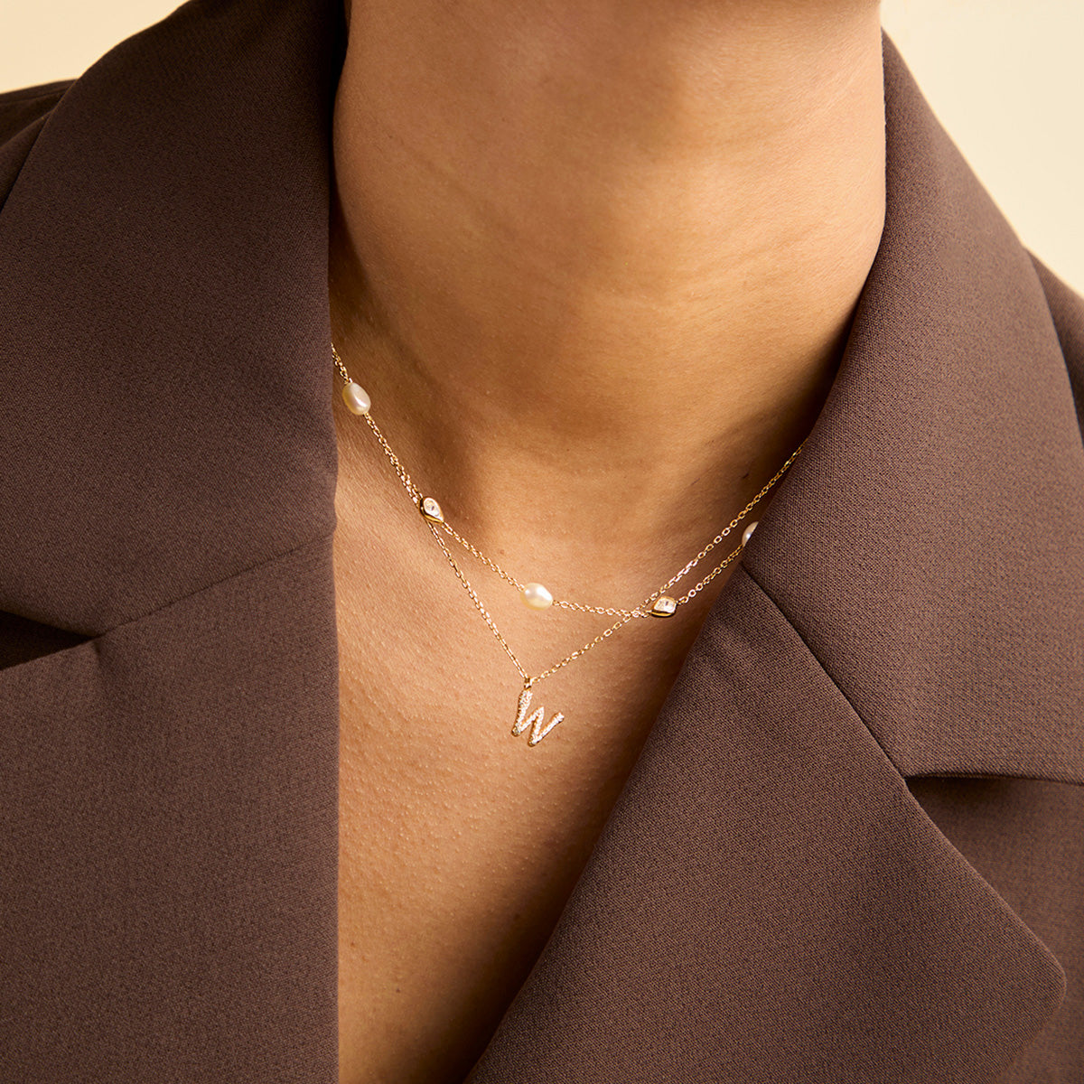 Pearl & Crystal Charm Necklace in Gold