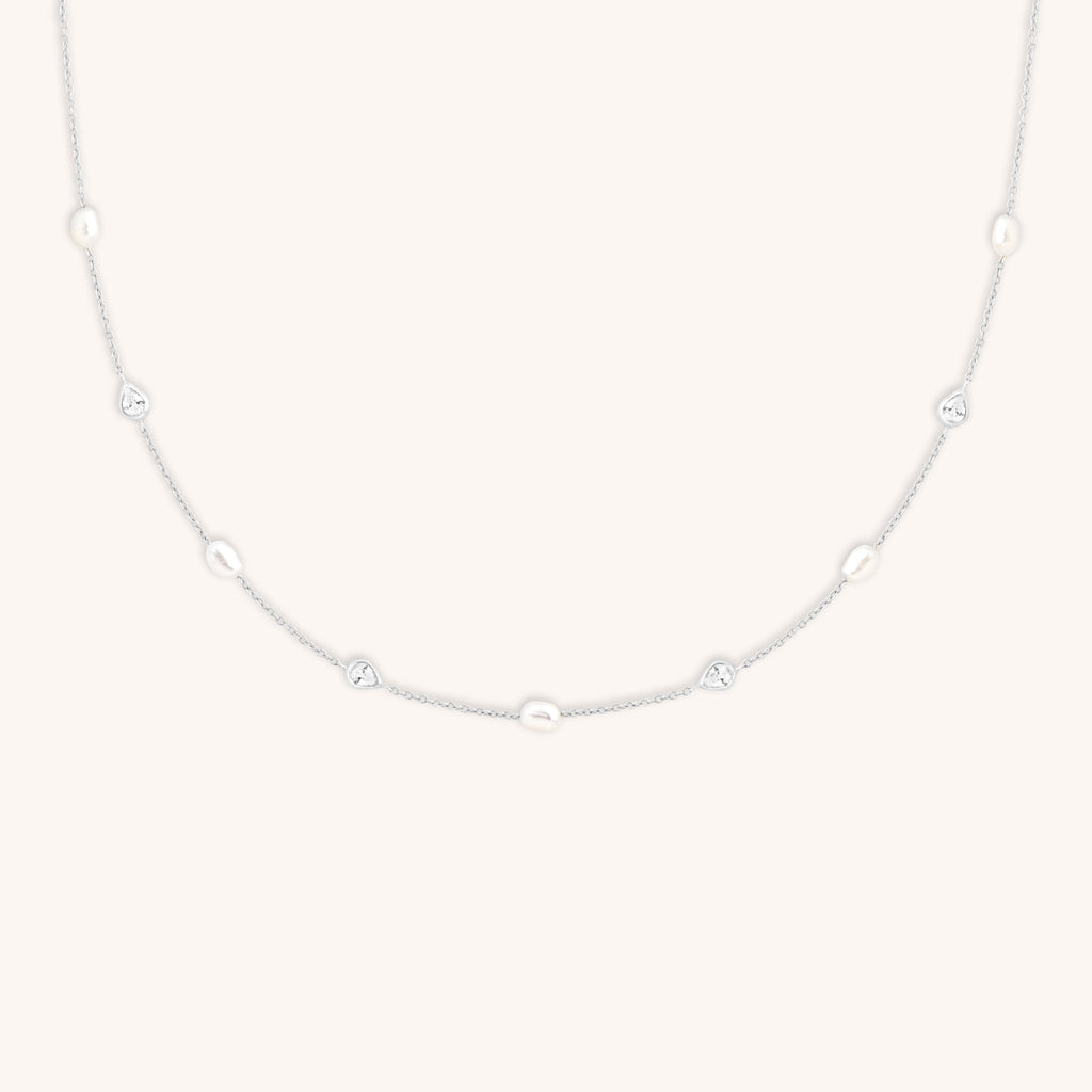 Pearl & Crystal Charm Necklace in Silver