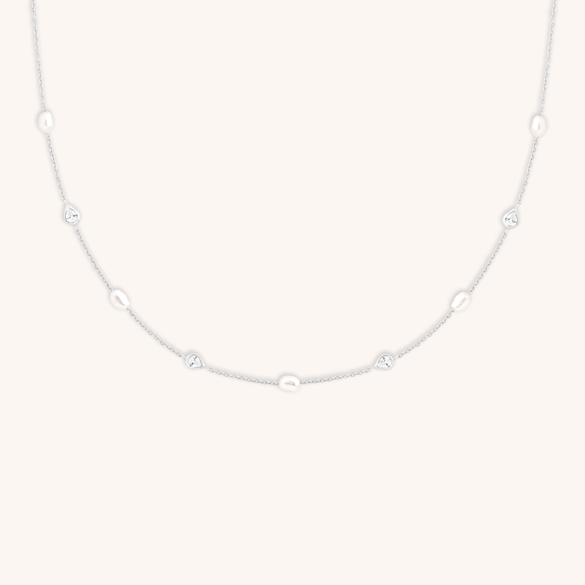 Pearl & Crystal Charm Necklace in Silver