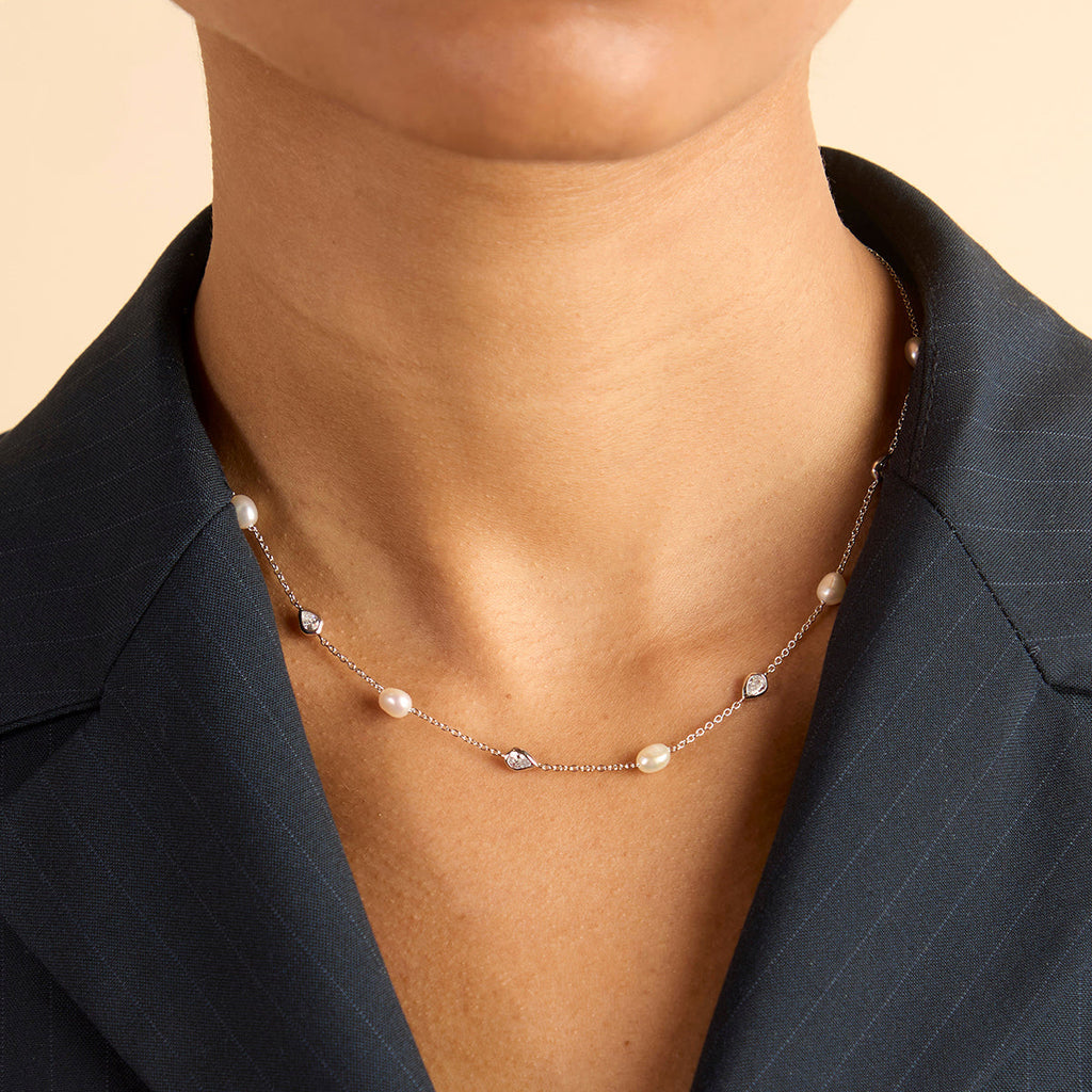 Pearl & Crystal Charm Necklace in Silver