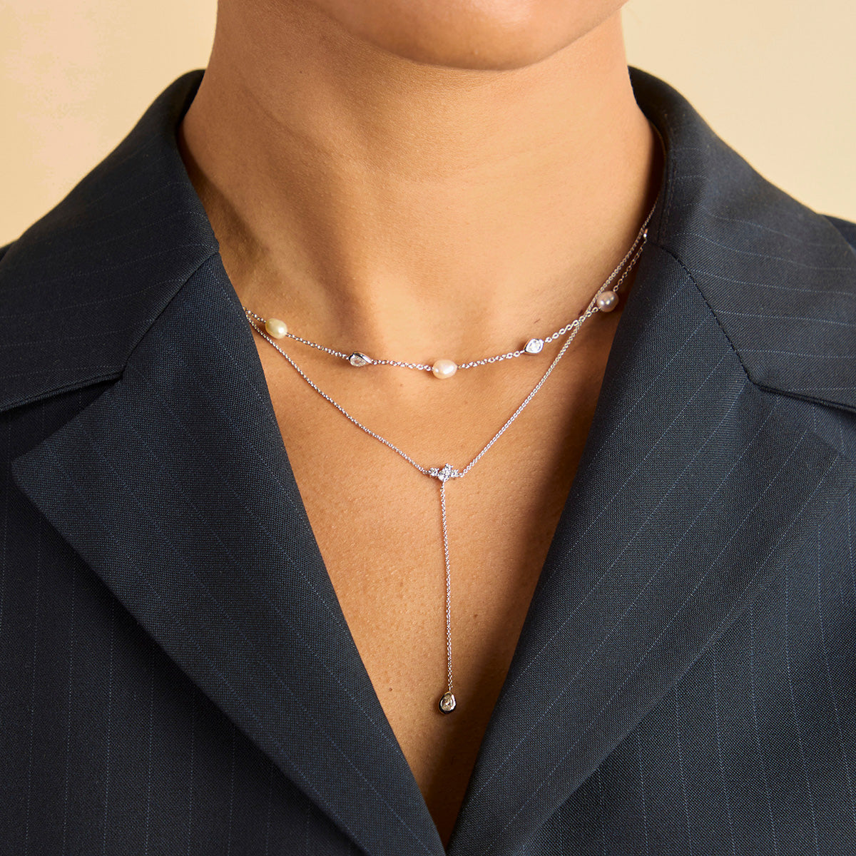 Pearl & Crystal Charm Necklace in Silver