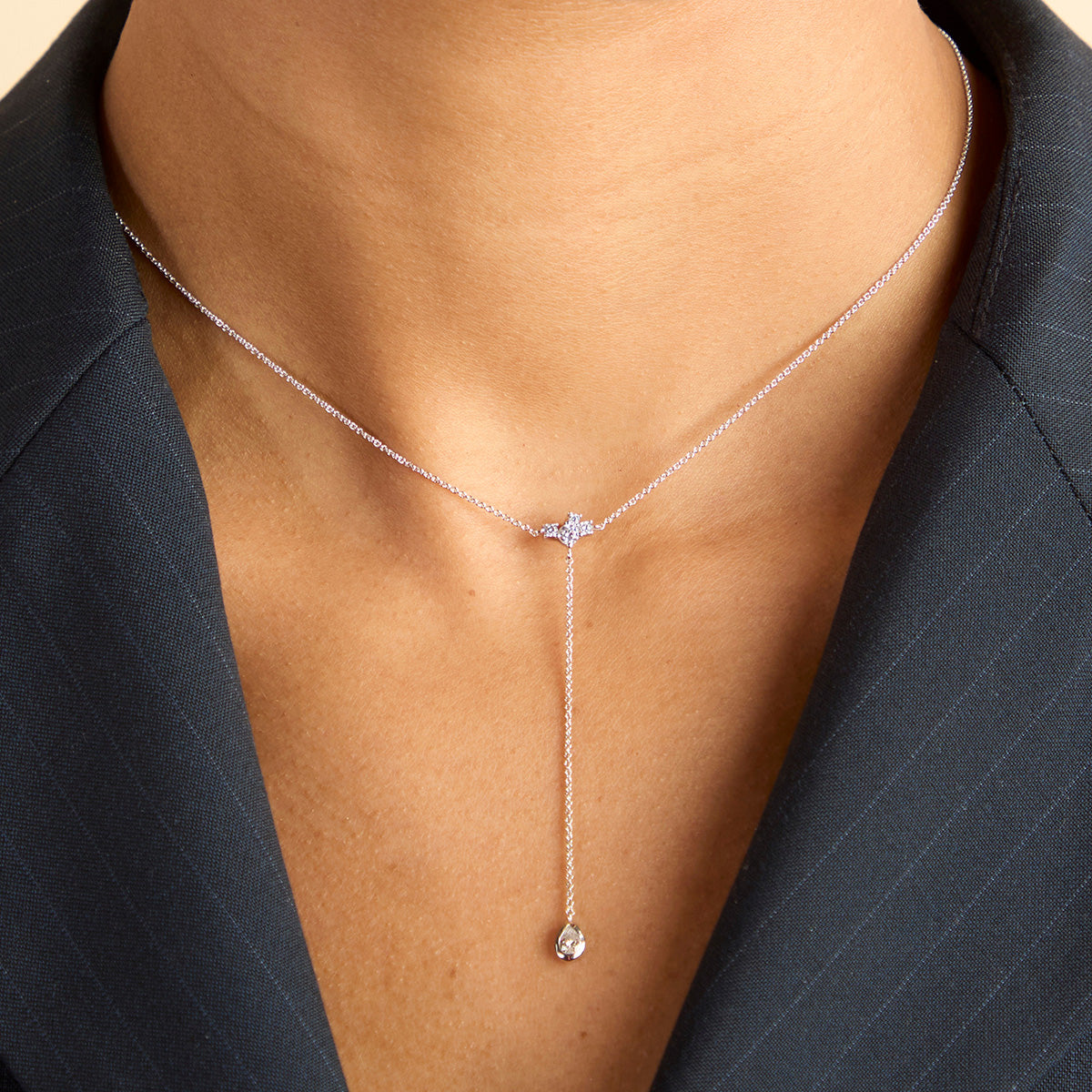 Pear Bezel Lariat Necklace in Silver