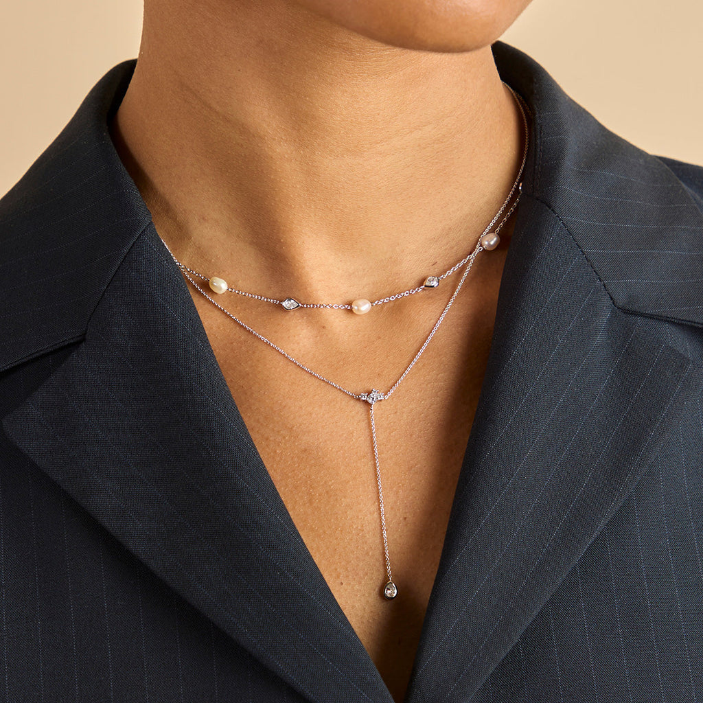 Pear Bezel Lariat Necklace in Silver