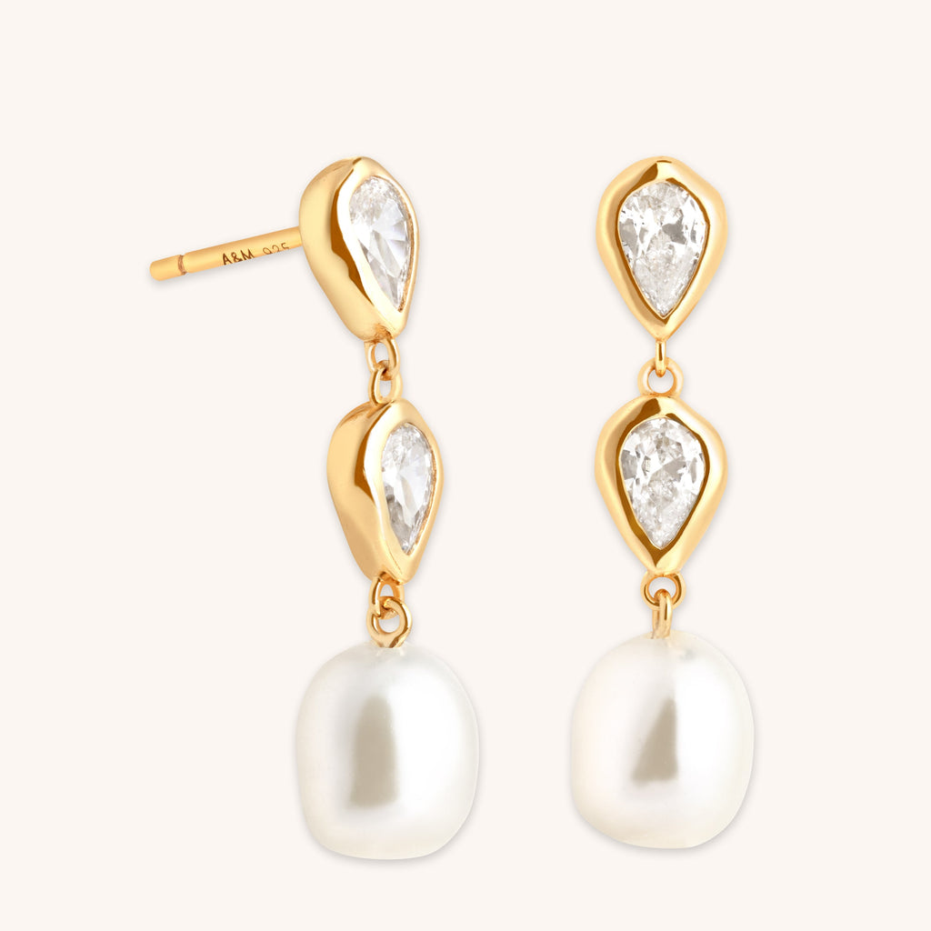 Pearl & Crystal Drop Studs in Gold