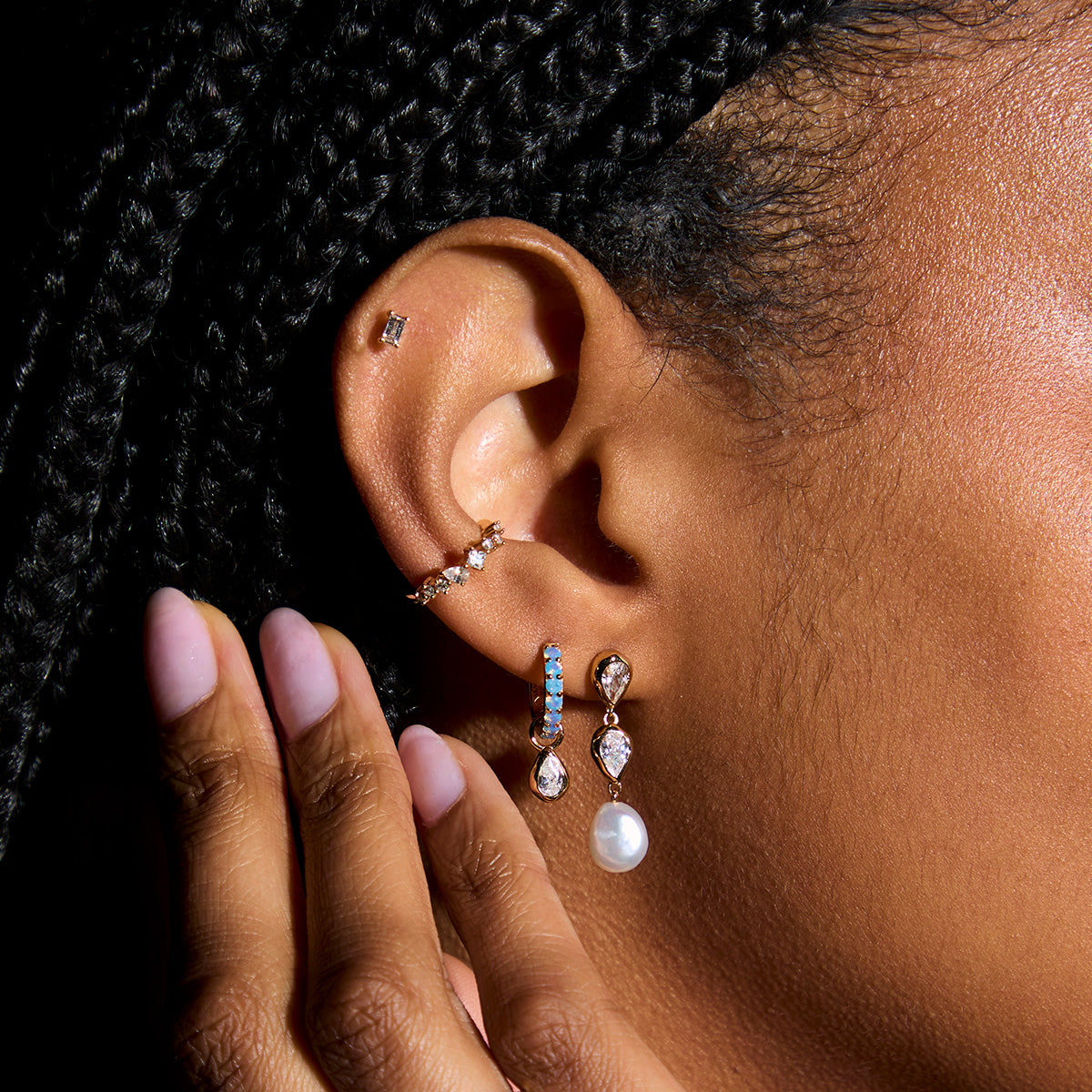 Pearl & Crystal Drop Studs in Gold