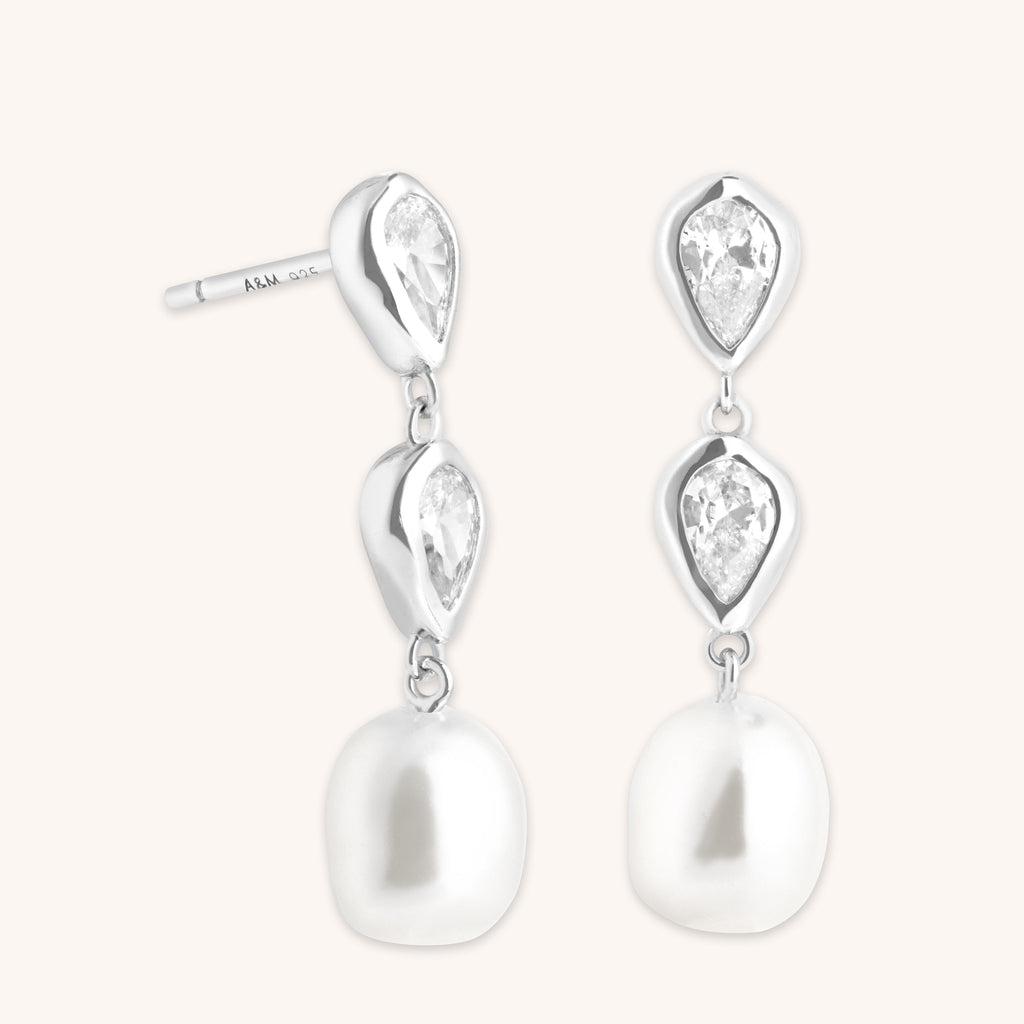 Pearl & Crystal Drop Studs in Silver