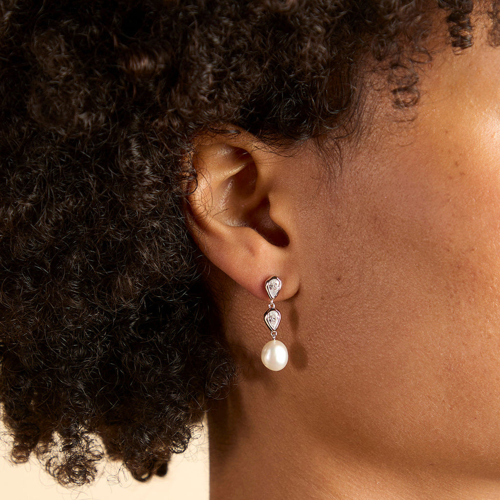Pearl & Crystal Drop Studs in Silver