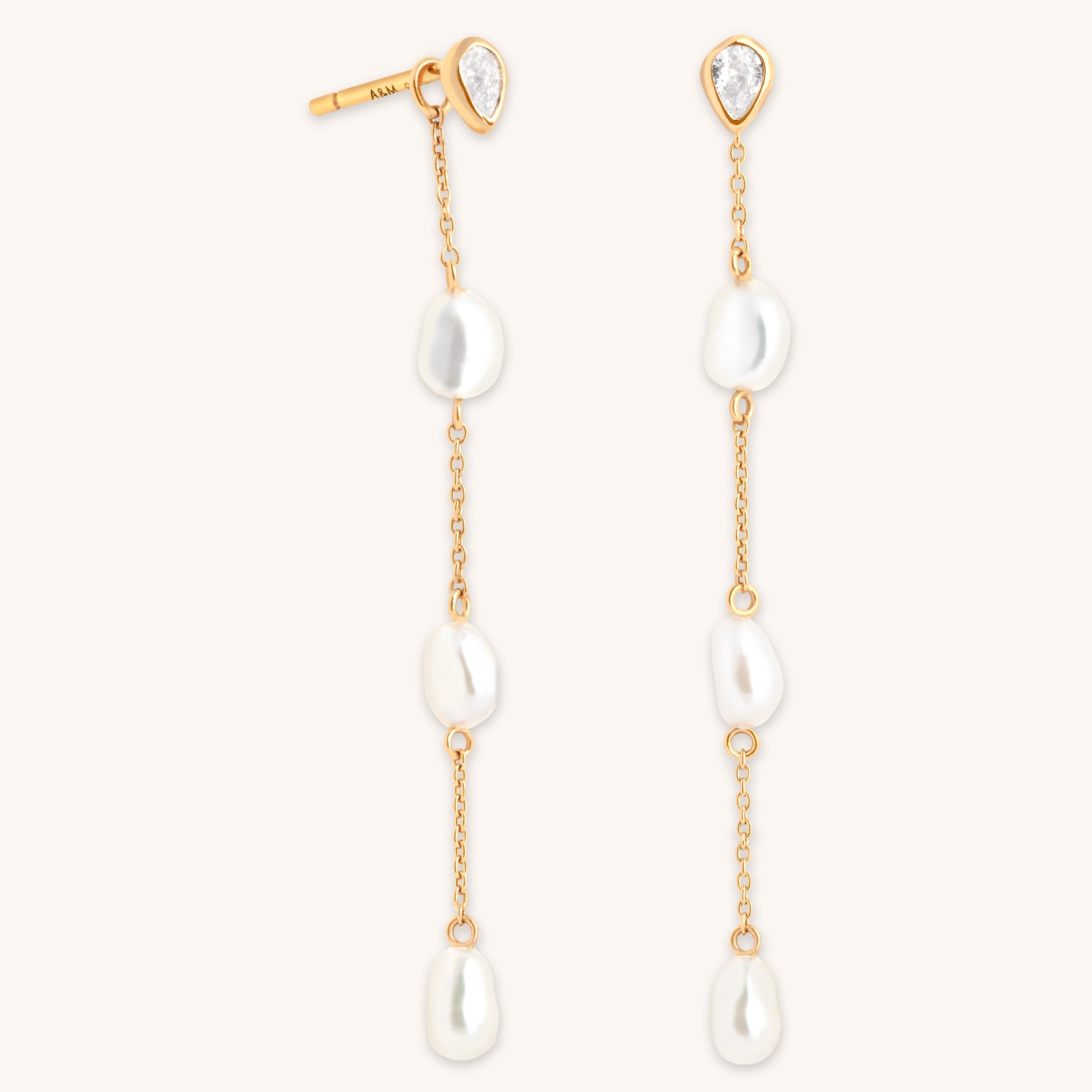 Pearl Chain Drop Studs in Gold
