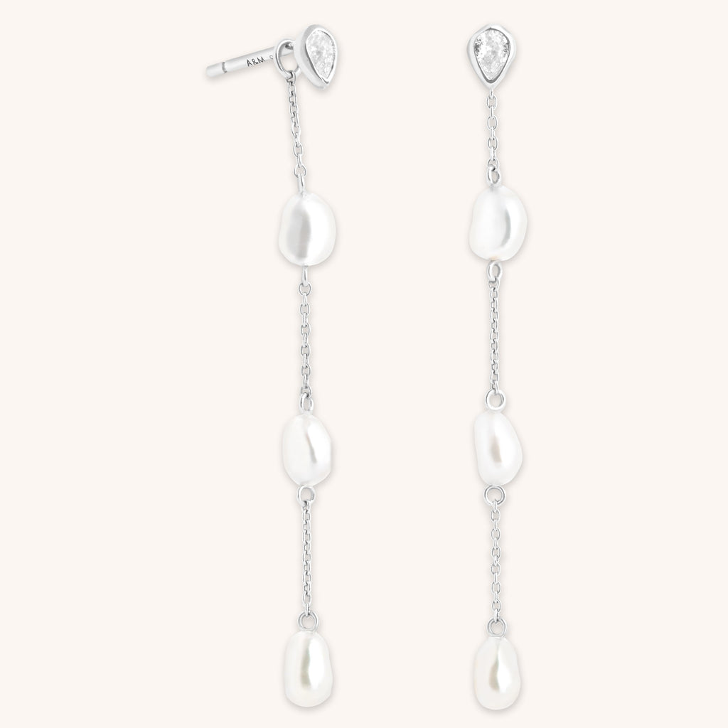 Pearl Chain Drop Studs in Silver