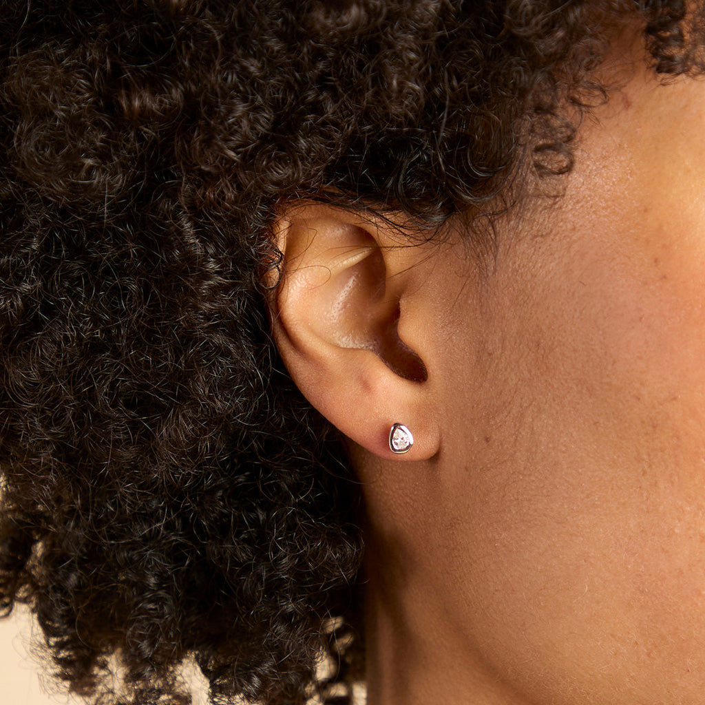 Pear Crystal Bezel Studs in Silver