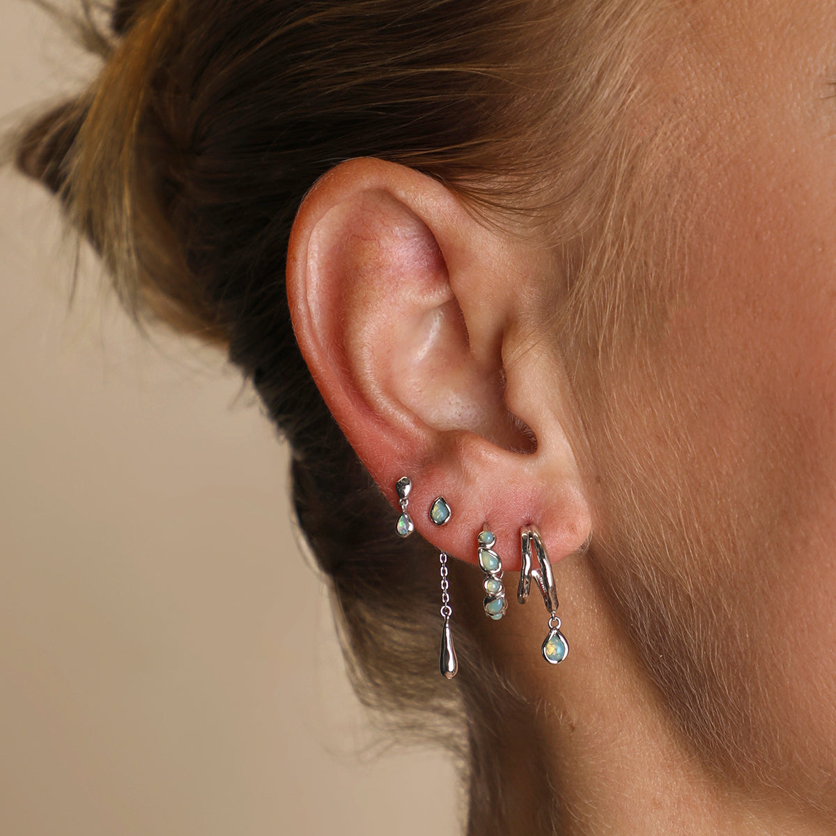 Opal Pear Bezel Hoops in Silver
