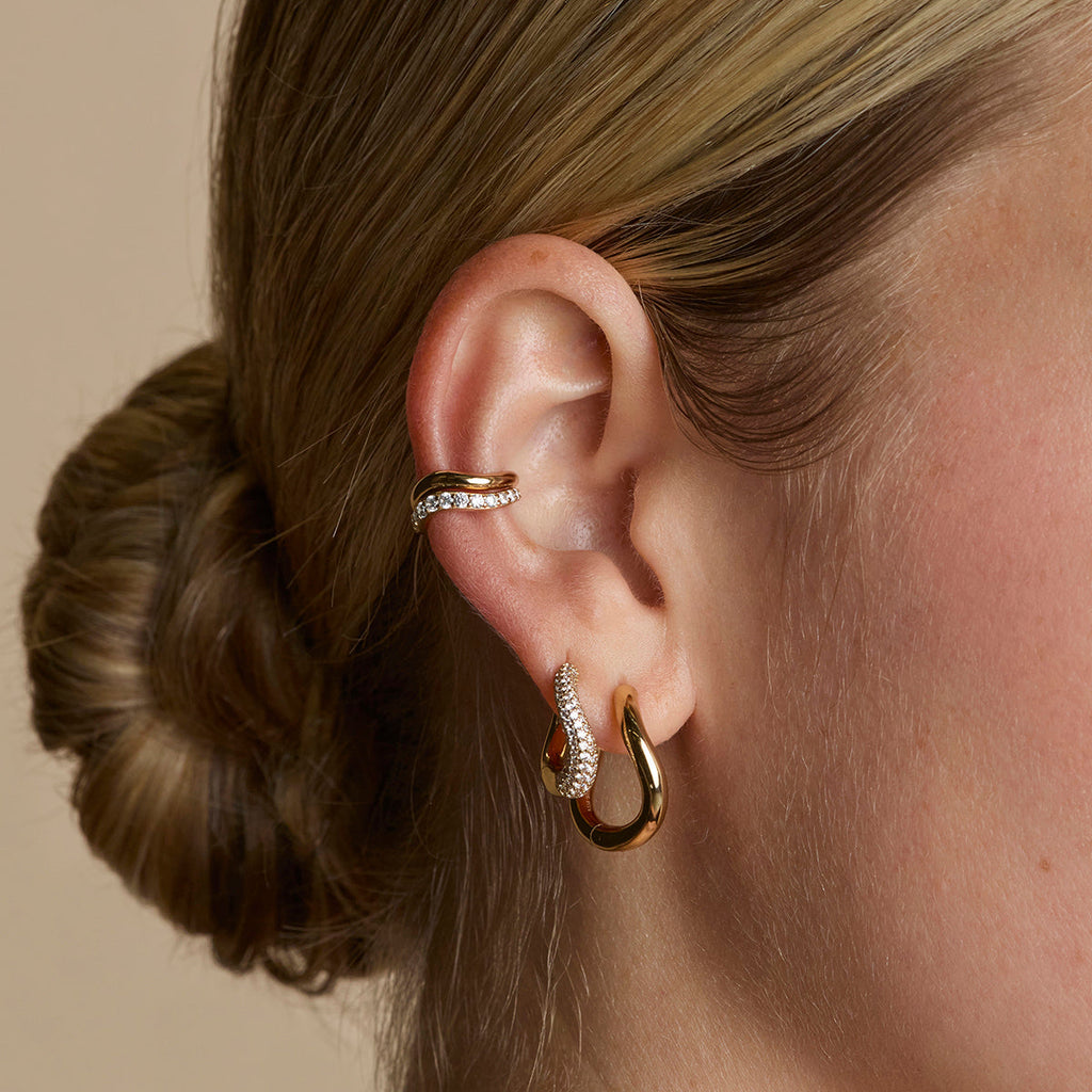 Wave Pavé Crystal Hoops in Gold