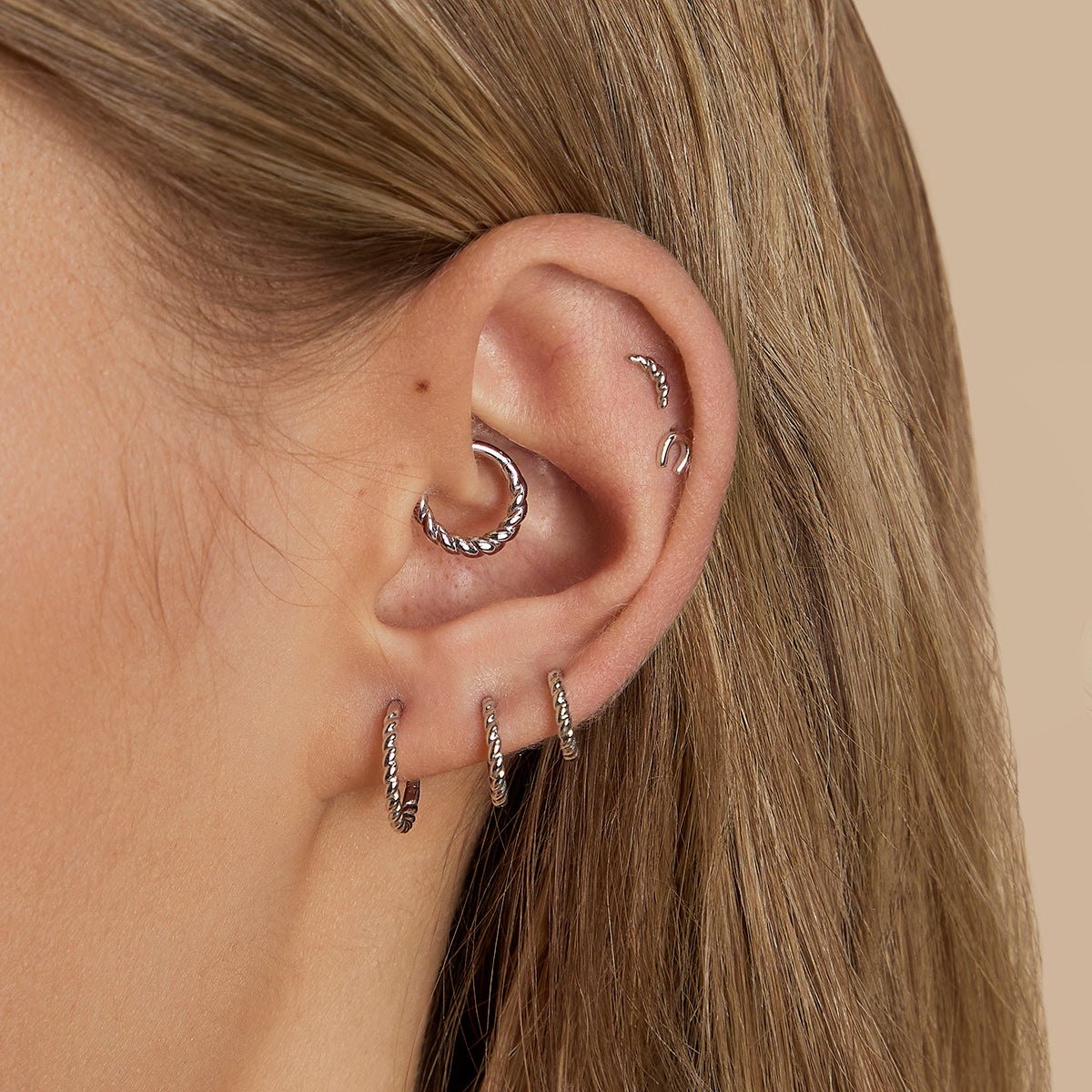 Twisted Rope Curved Piercing Stud in Solid White Gold