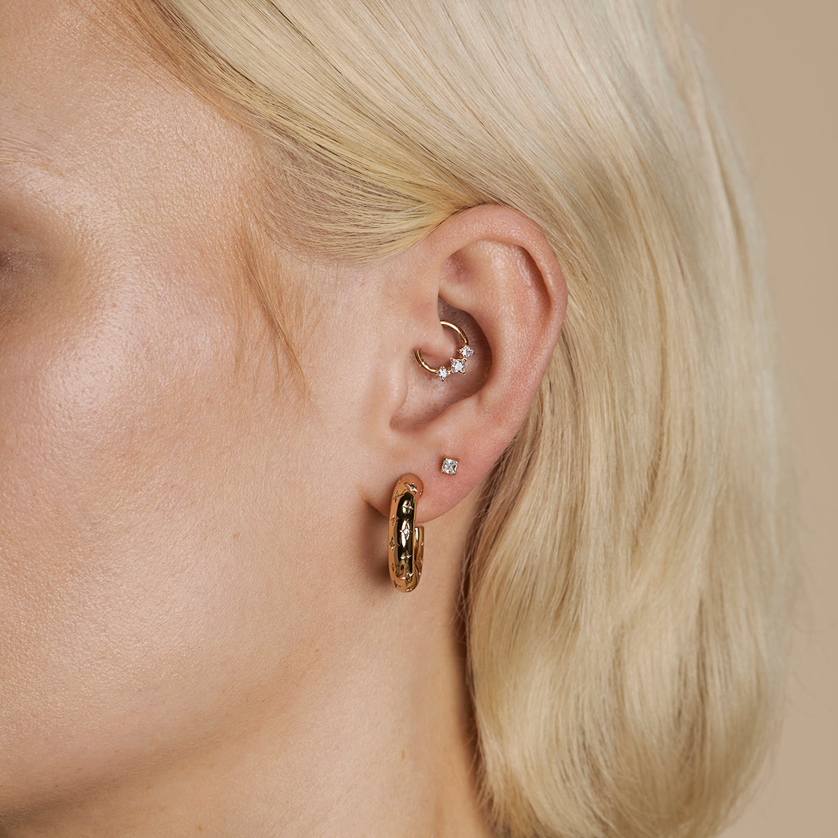 Square Crystal Trio Titanium Daith Hoop in Gold