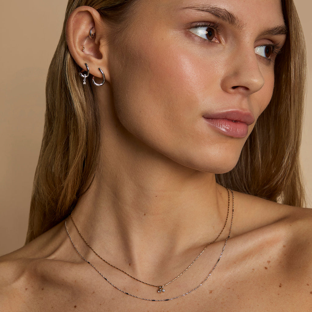 Diamond & Quartz Charm Molten Huggies in Solid White Gold