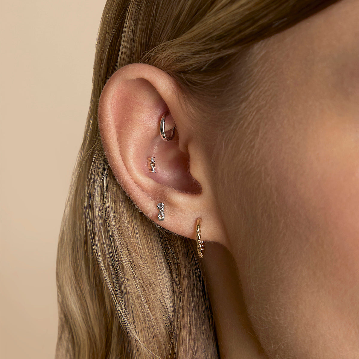 Diamond & Quartz Charm Studs in Solid White Gold